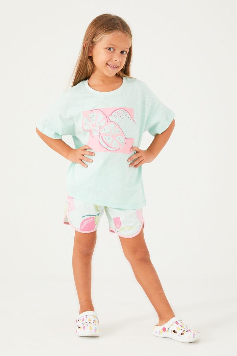 Roly Poly 3086 Garson Fruit Pattern Açık Yeşil Kız Çocuk Şort Takım - YEŞİL