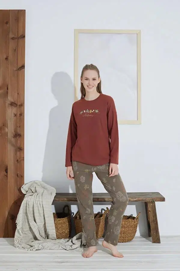 Rozalinda 2802 Kadın Bisiklet Yaka Jakarlı Pijama Takımı - HARDAL