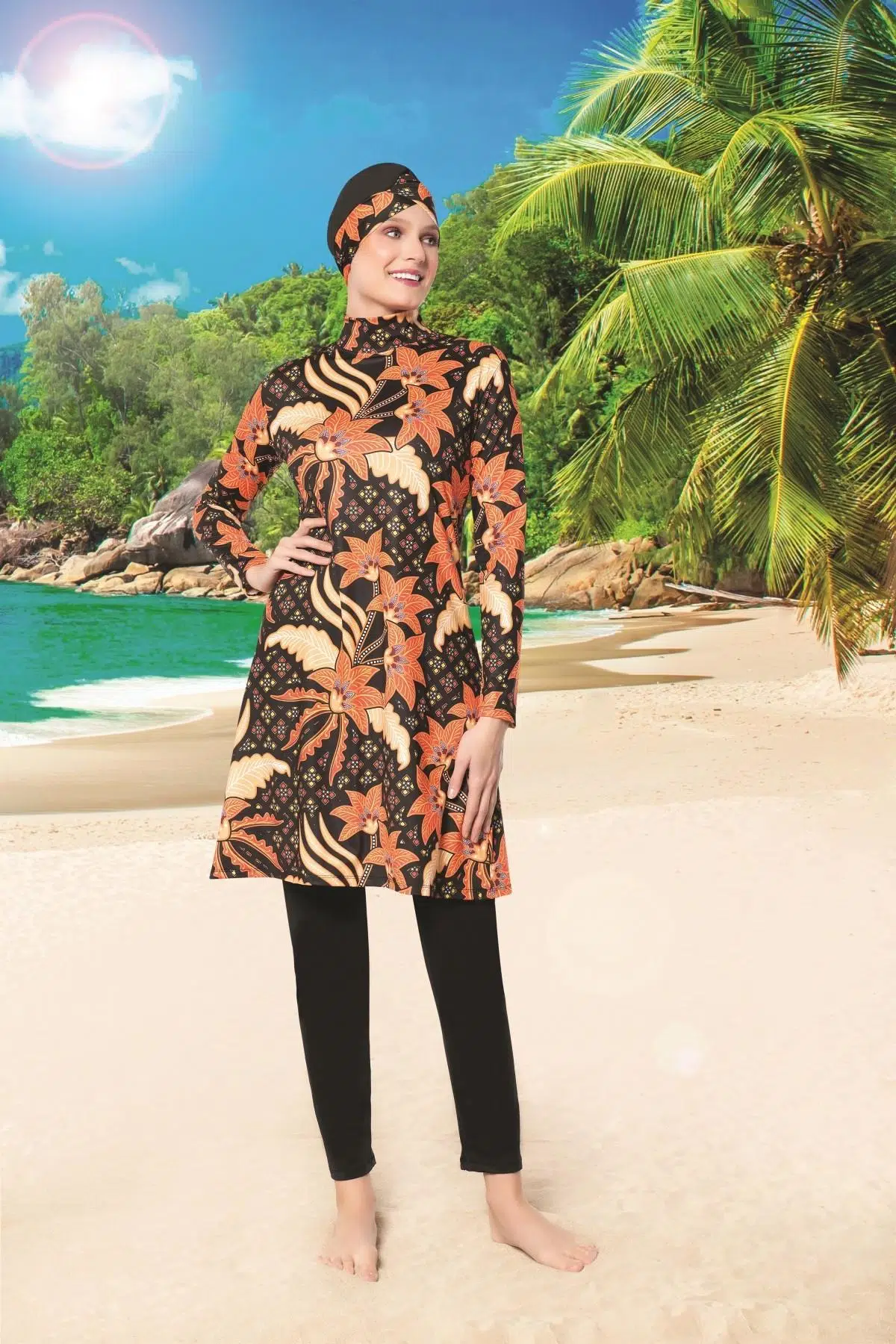 Ruko Maio 22121-3 Desenli Balıkçı Yaka Likralı Kumaş Tam Tesettür Mayo - SİYAH