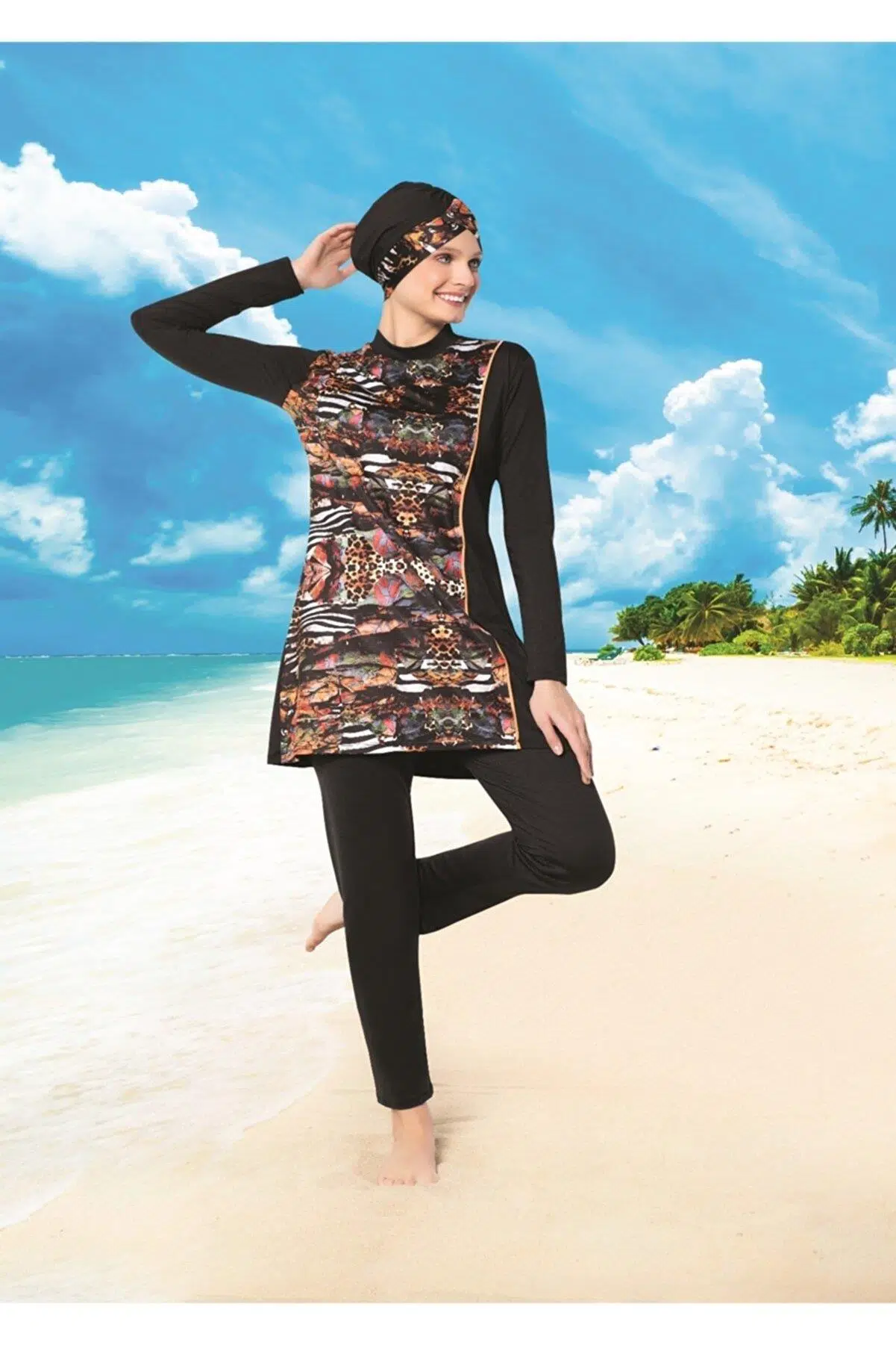 Ruko Maio 22126-3 Desenli Kol Biyeli Yarım Balıkçı Yaka Micro Lycra Tam Tesettür Mayo - SİYAH