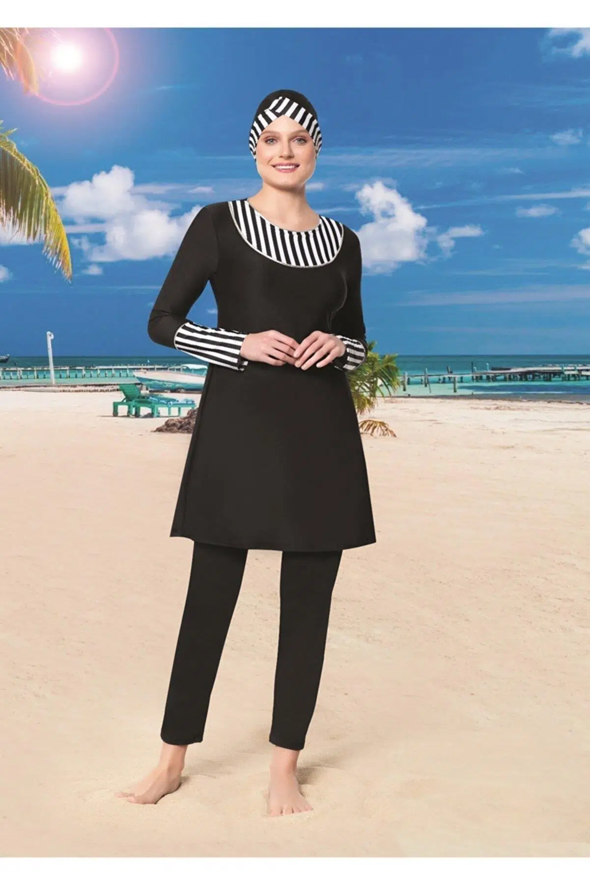 Ruko Maio 22130-1 Çizgili Micro Lycra Kumaş Tam Tesettür Mayo - SİYAH