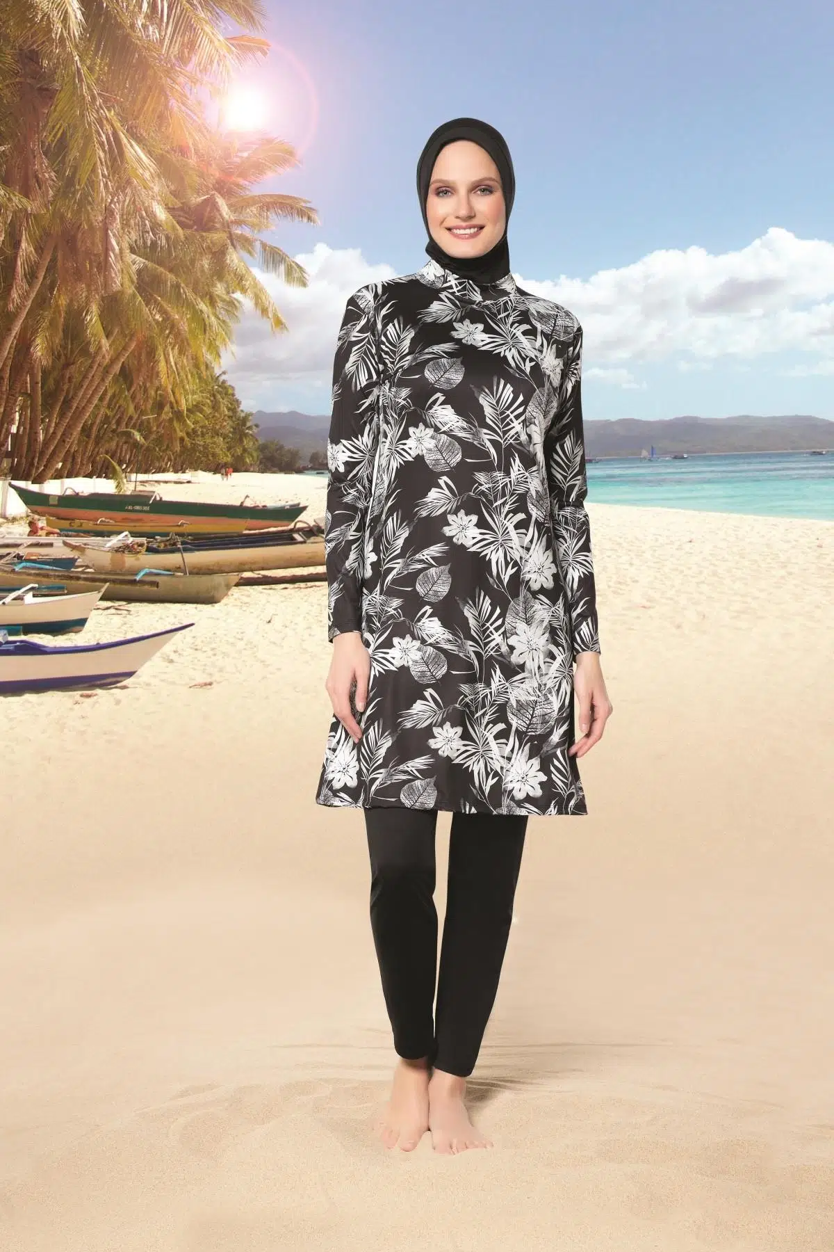 Ruko Maio 22150-3 Büyük Beden Yarım Balıkçı Yaka Lycra Tam Tesettür Mayo - SİYAH