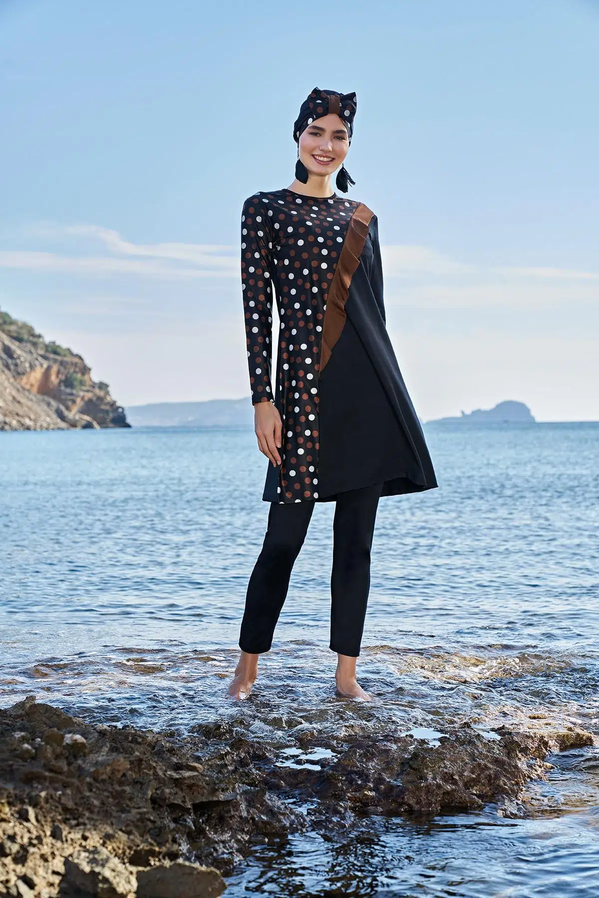 Ruko Maio 23107 Çapraz Puantiye Micro Lycra Kumaş Tam Tesettür Mayo - SİYAH