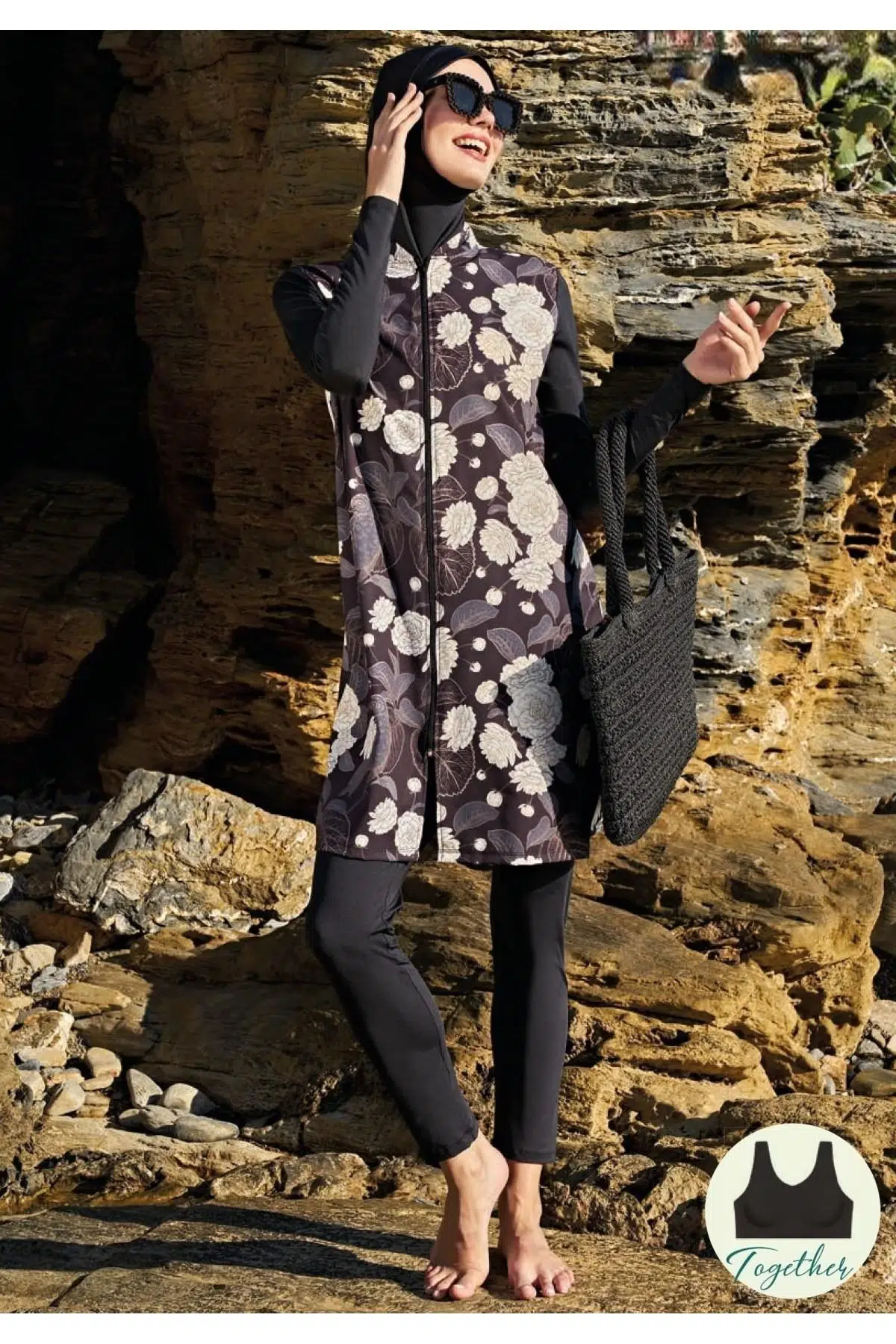 Ruko Maio 23111-2 Dik Yakalı Esnek Paraşüt Kumaş Tam Tesettür Mayo - DESENLİ