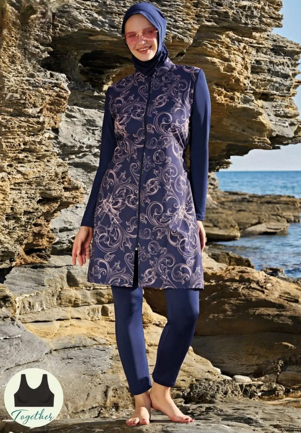 Ruko Maio 23111-3 Kadın Çiçek Desenli Dik Yakalı Fermuarlı Esnek Paraşüt Kumaş Tesettür Mayo - LACİVERT