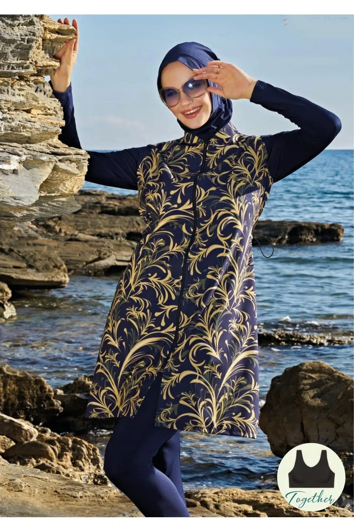 Ruko Maio 23111-6 Fermuarlı Esnek Paraşüt Kumaş Tam Tesettür Mayo - DESENLİ