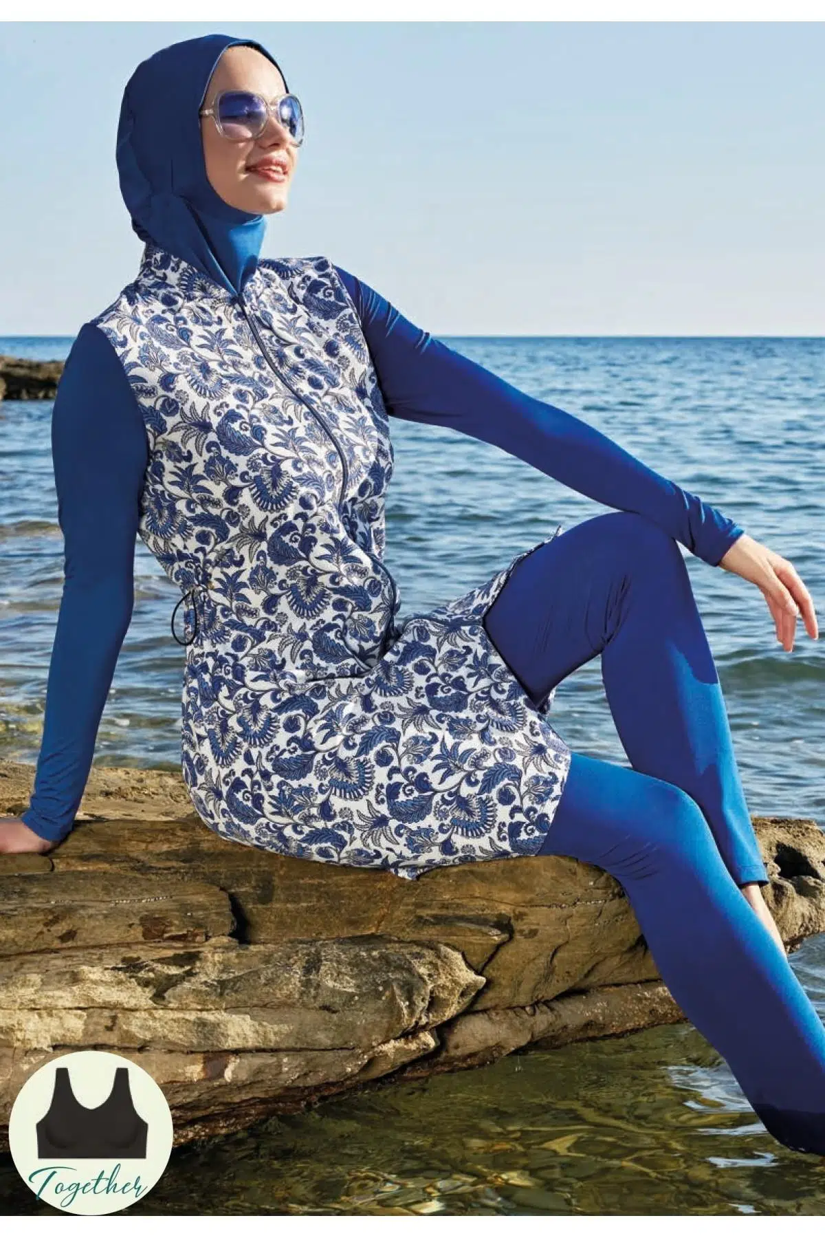 Ruko Maio 23111-7 Fermuarlı Esnek Paraşüt Kumaş Tam Tesettür Mayo - DESENLİ