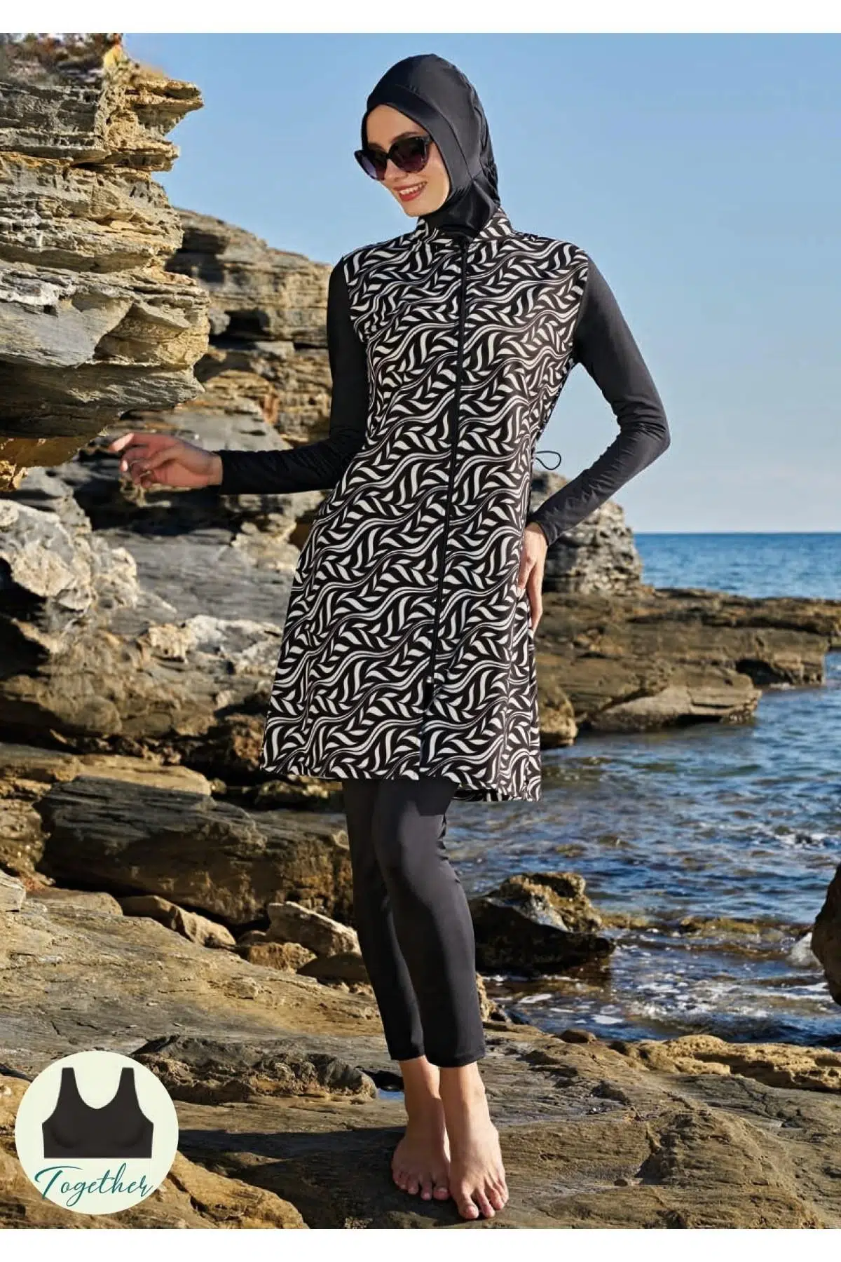 Ruko Maio 23111-9 Kadın Dik Yakalı Fermuarlı Esnek Paraşüt Kumaş Tam Tesettür Mayo - SİYAH