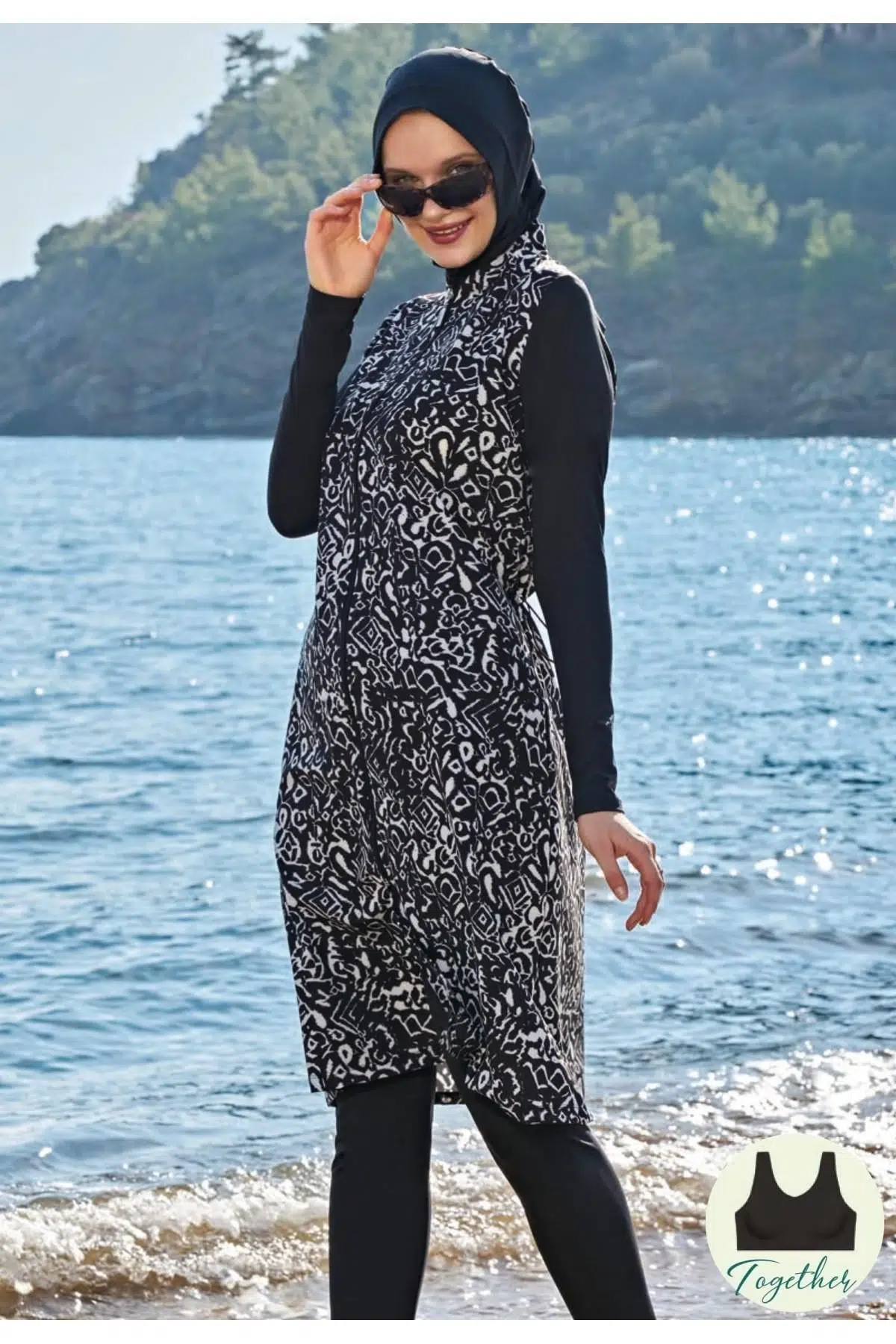 Ruko Maio 23117-2 Dik Yakalı Uzun Boy Tam Tesettür Mayo - DESENLİ