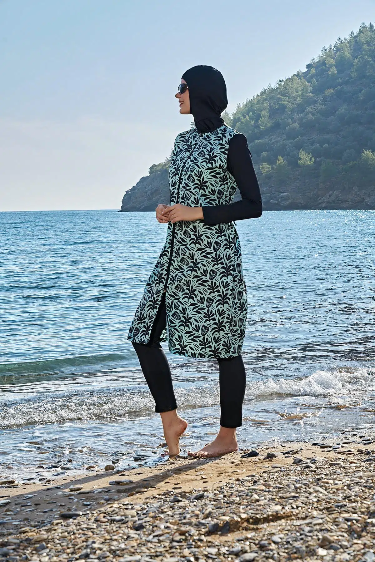 Ruko Maio 23118 Kadın 0 Yaka Fermuarlı Paraşüt Kumaş Uzun Boy Tam Tesettür Mayo - SU YEŞİLİ