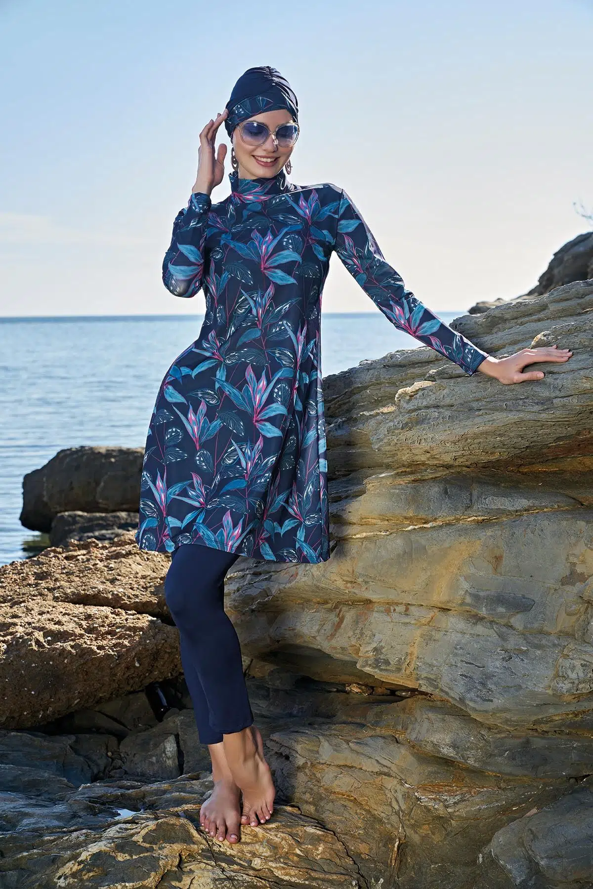 Ruko Maio 23121-4 Çift Eşarp ve Tesettür Boneli Balıkçı Yaka Lycra Kumaş Tam Tesettür Mayo - LACİVERT