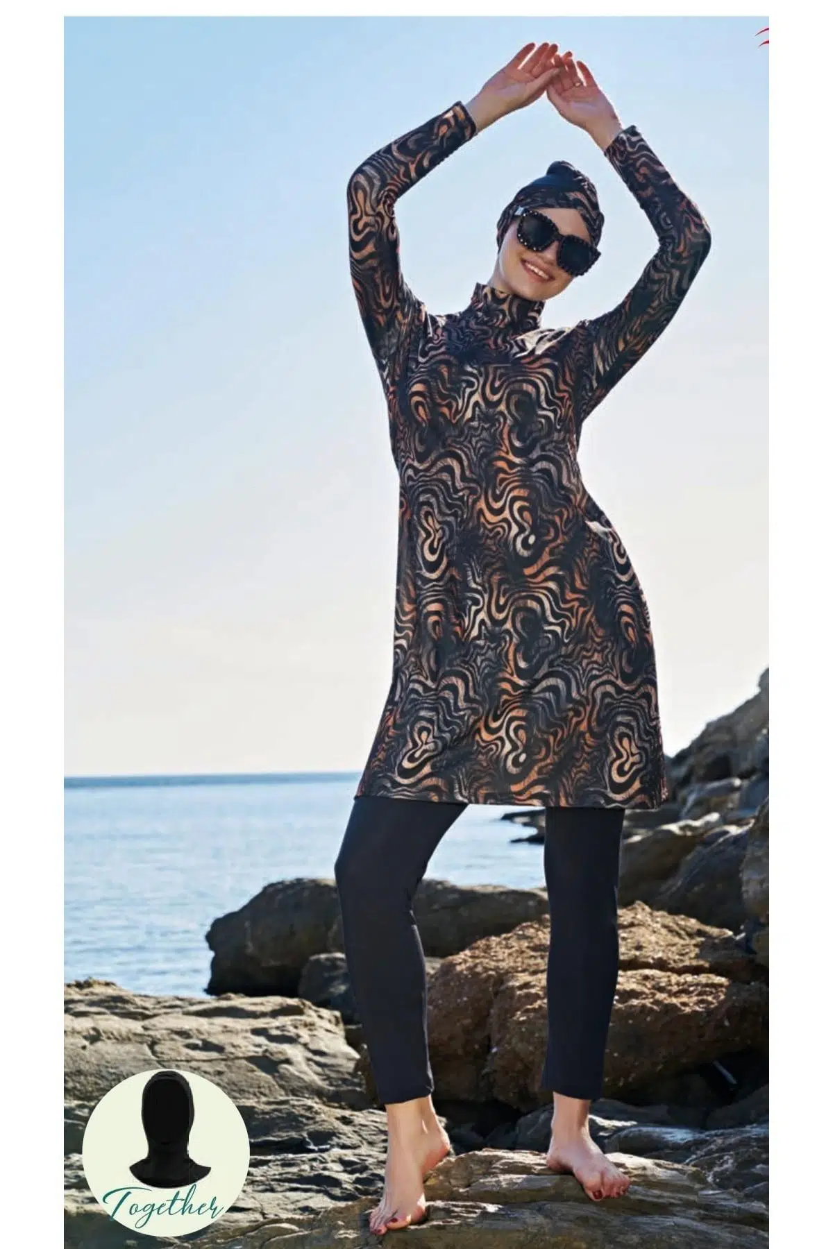 Ruko Maio 23121-6 Çift Eşarp ve Tesettür Boneli Balıkçı Yaka Lycra Kumaş Tam Tesettür Mayo - KAHVERENGİ