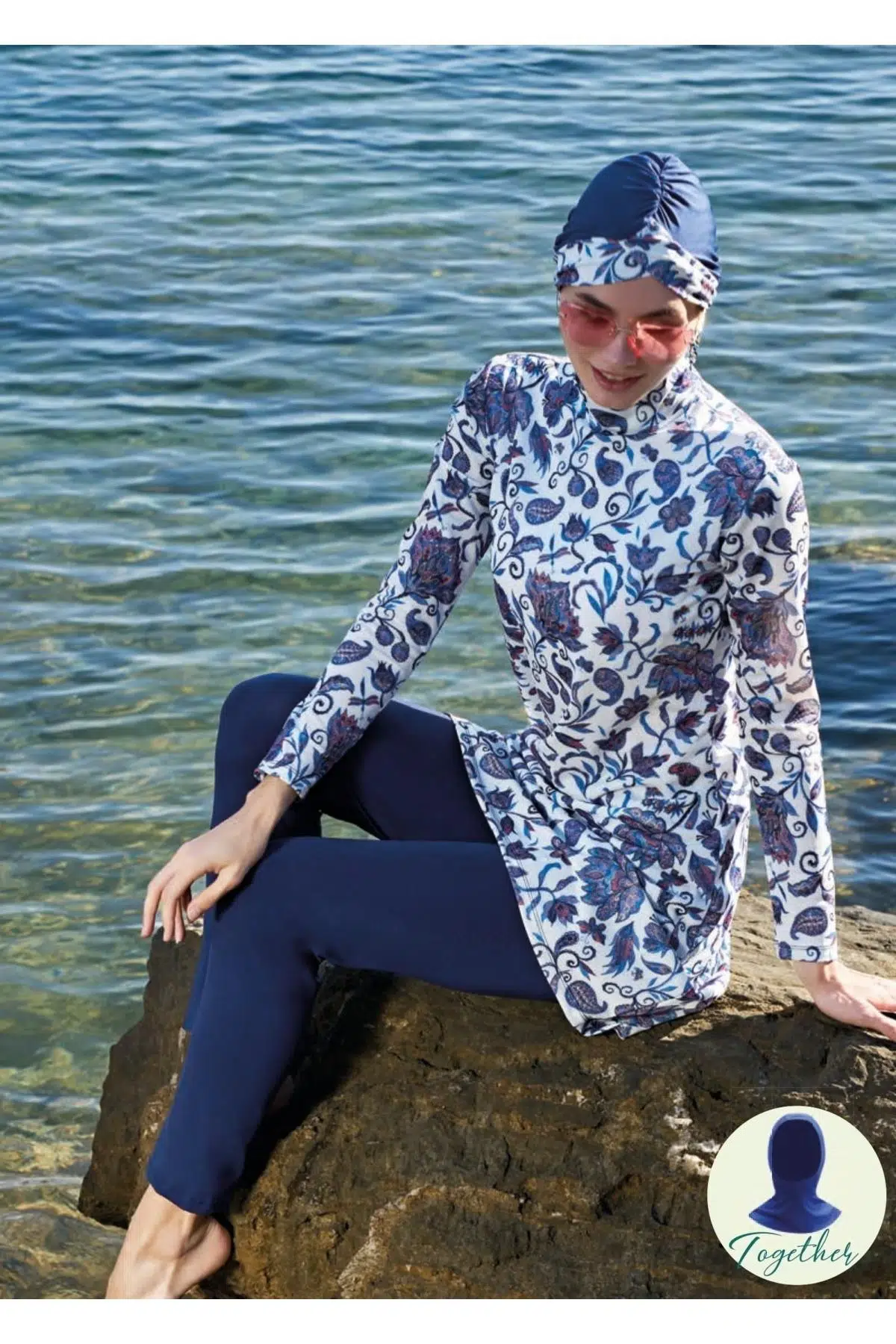 Ruko Maio 231212 Çift Eşarp ve Tesettür Boneli Balıkçı Yaka Lycra Kumaş Tam Tesettür Mayo - BEYAZ