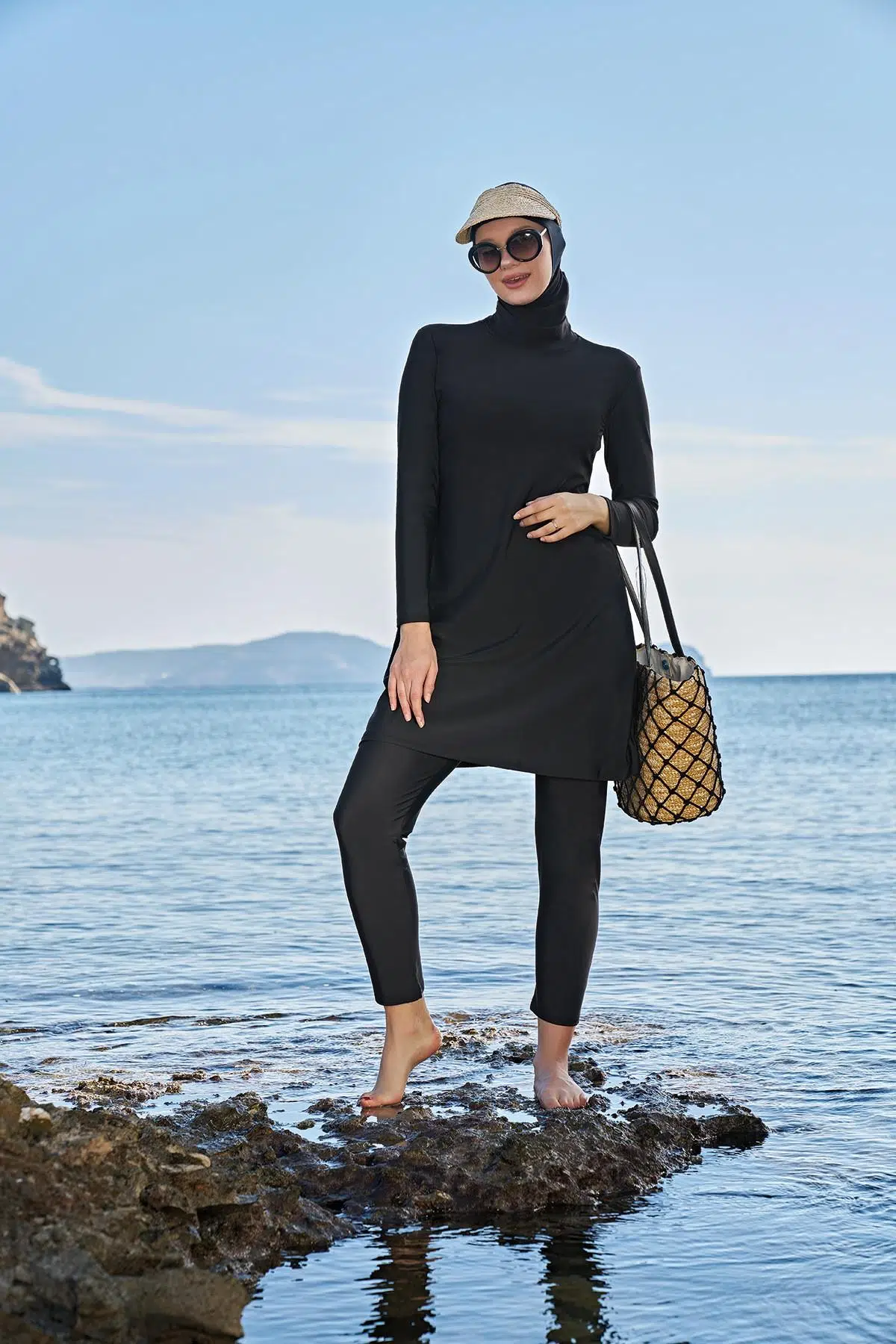 Ruko Maio 23125 Kadın Balıkçı Yaka Lycra Kumaş Tam Tesettür Mayo - SİYAH