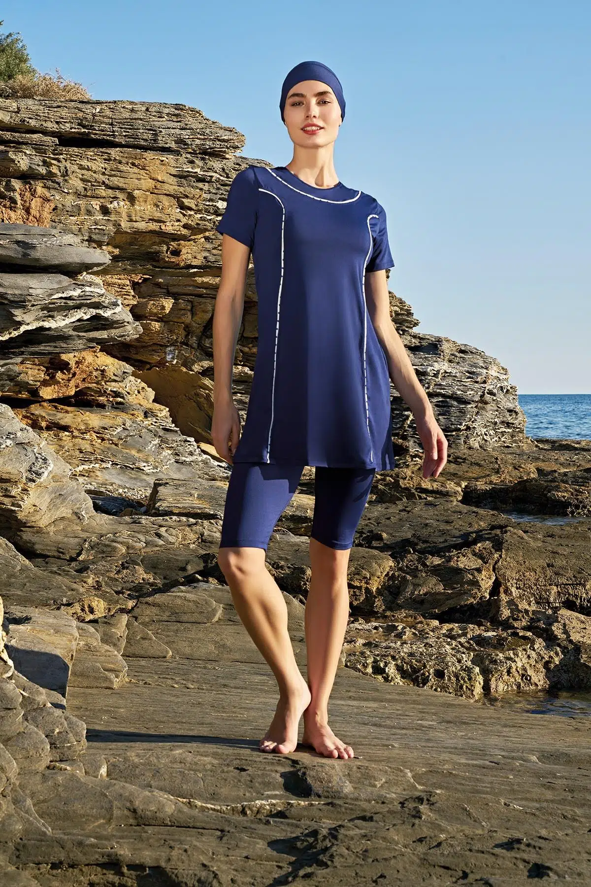 Ruko Maio 23128-2 Kadın Biyeli Yarım Kol Mikro Kumaş Yarı Tesettür Mayo - LACİVERT