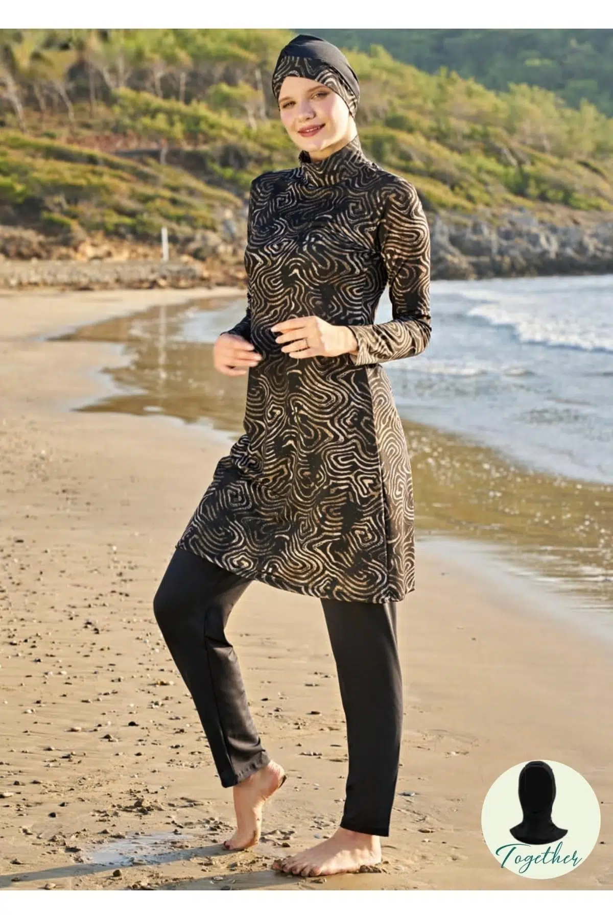 Ruko Maio 23130-1 Kadın Büyük Beden Çift Boneli Balıkçı Yaka Lycra Kumaş Tam Tesettür Mayo - KAHVERENGİ