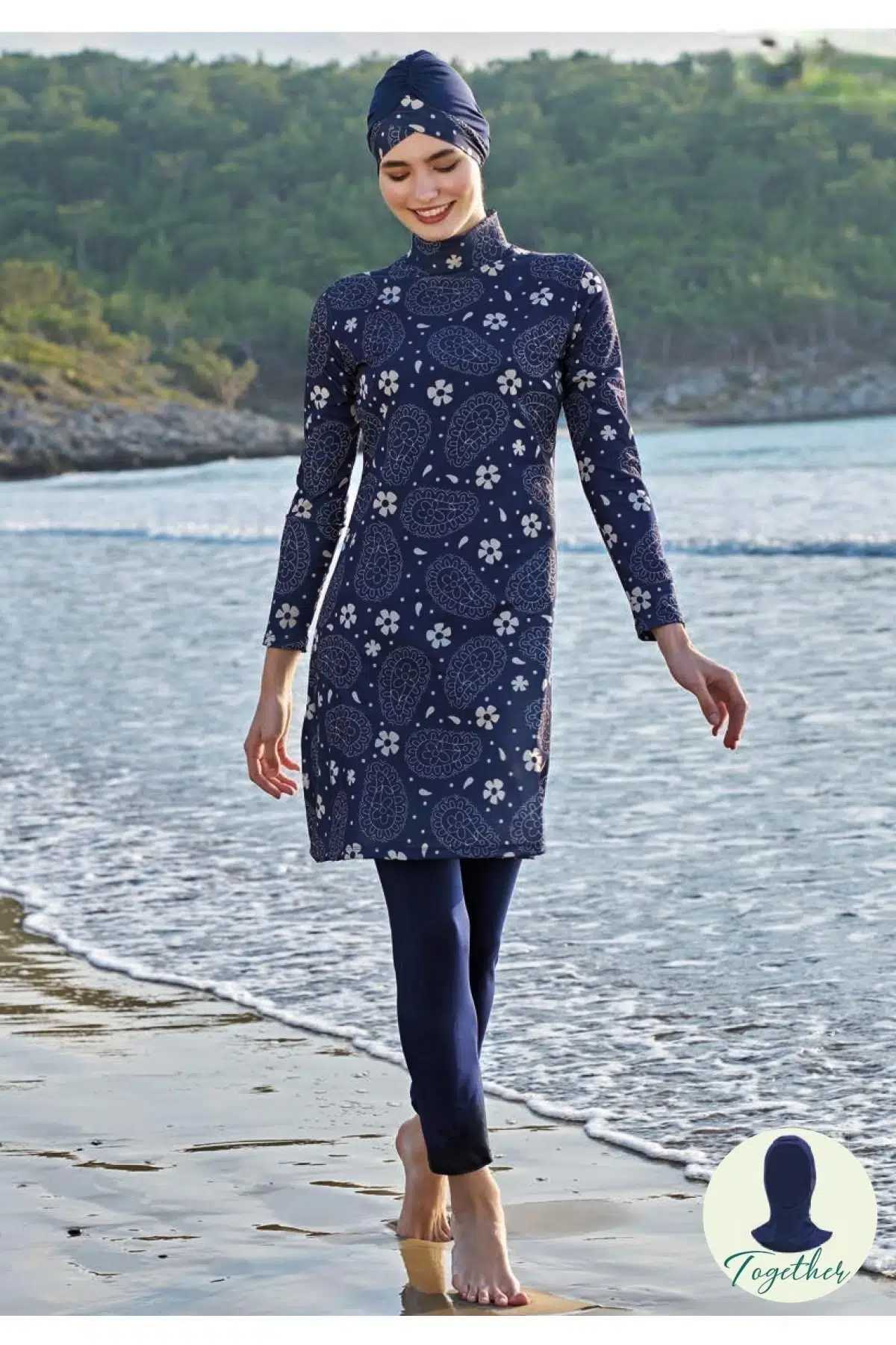 Ruko Maio 23130-2 Büyük Beden Çift Eşarp ve Tesettür Boneli Balıkçı Yaka Tesettür Mayo - LACİVERT