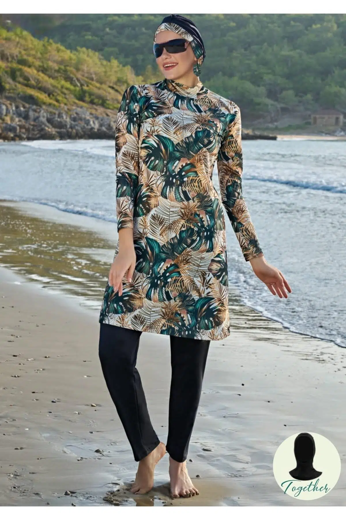 Ruko Maio 23130-3 Kadın Büyük Beden Çift Boneli Balıkçı Yaka Lycra Kumaş Tam Tesettür Mayo - YEŞİL