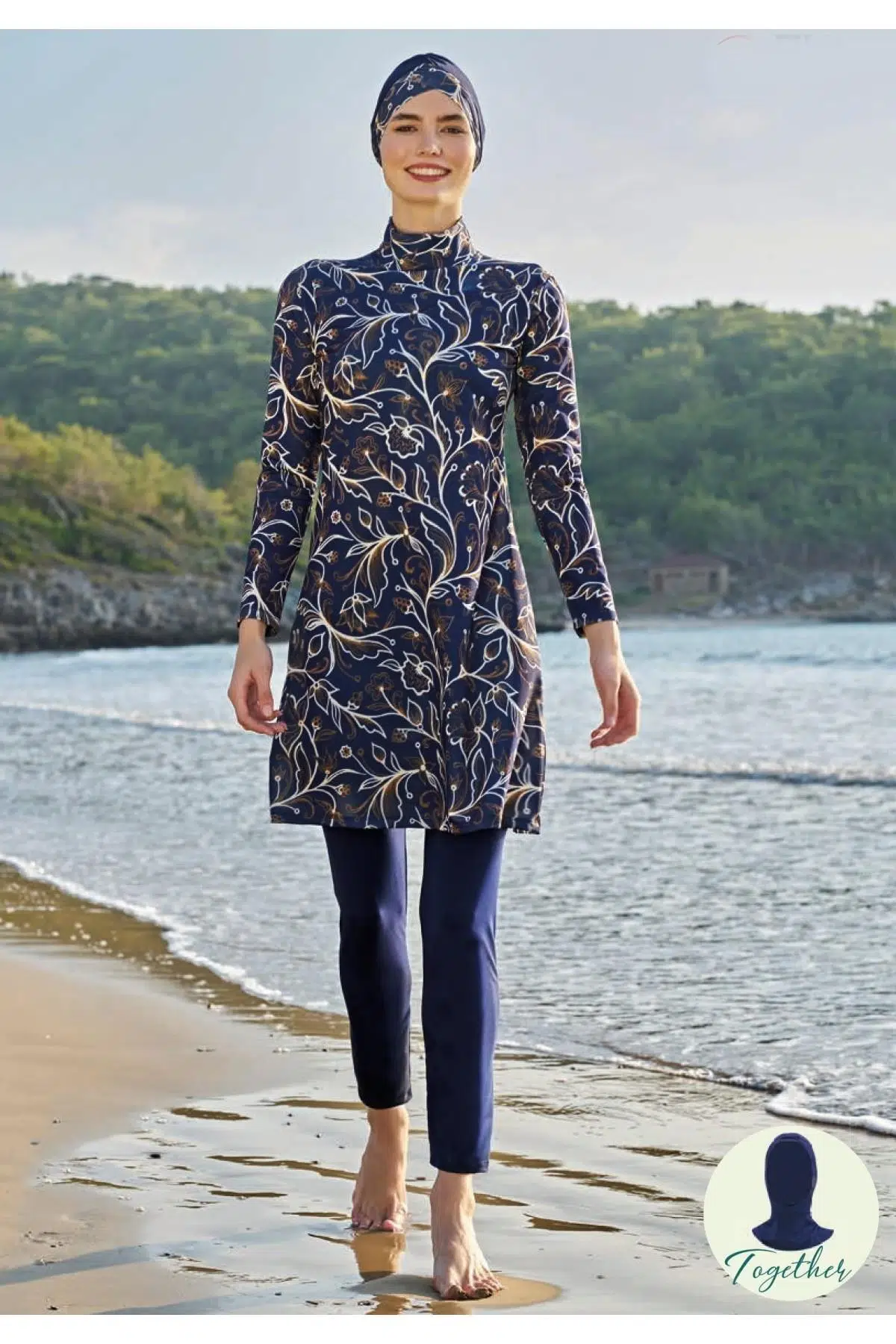 Ruko Maio 23130-4 Kadın Büyük Beden Çift Boneli Balıkçı Yaka Lycra Kumaş Tam Tesettür Mayo - LACİVERT