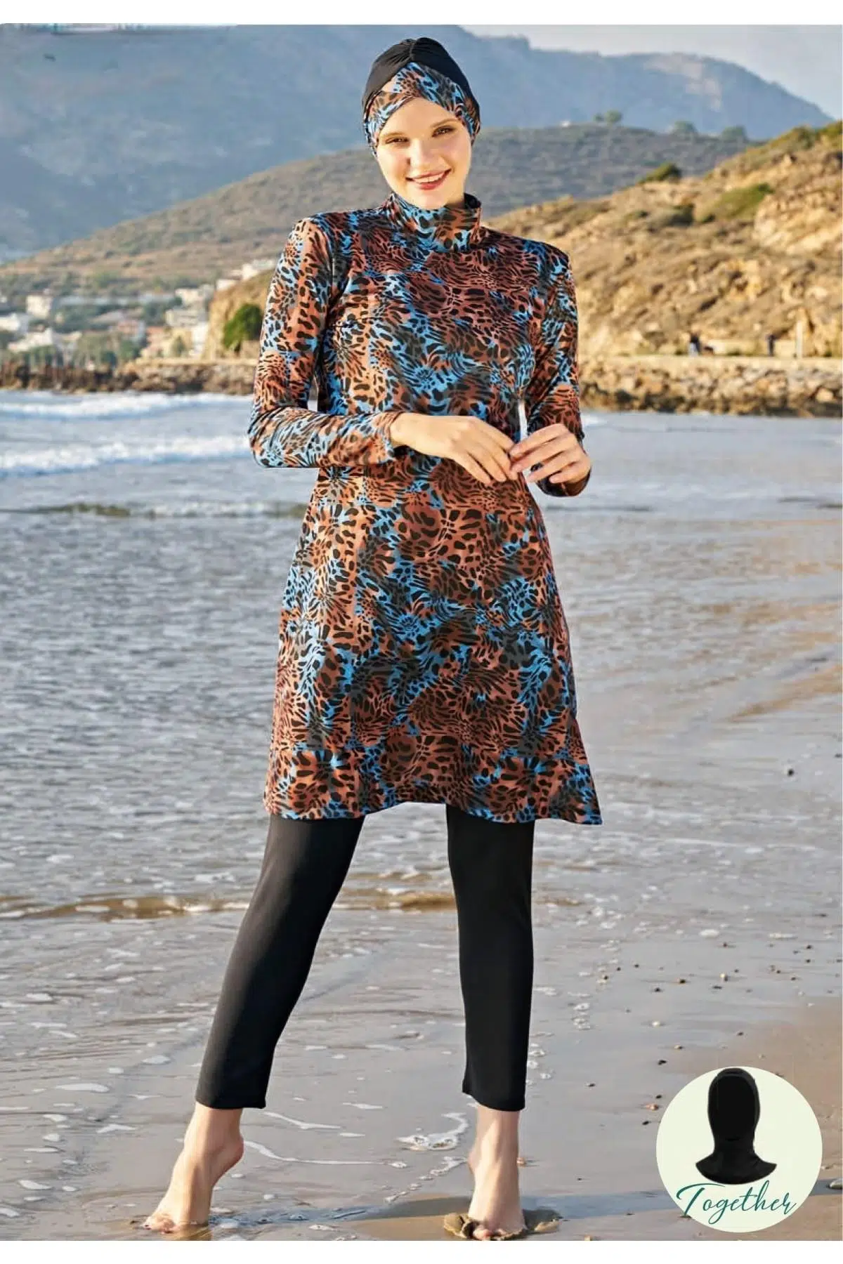 Ruko Maio 23130-5 Kadın Büyük Beden Çift Boneli Balıkçı Yaka Lycra Kumaş Tam Tesettür Mayo - MAVİ