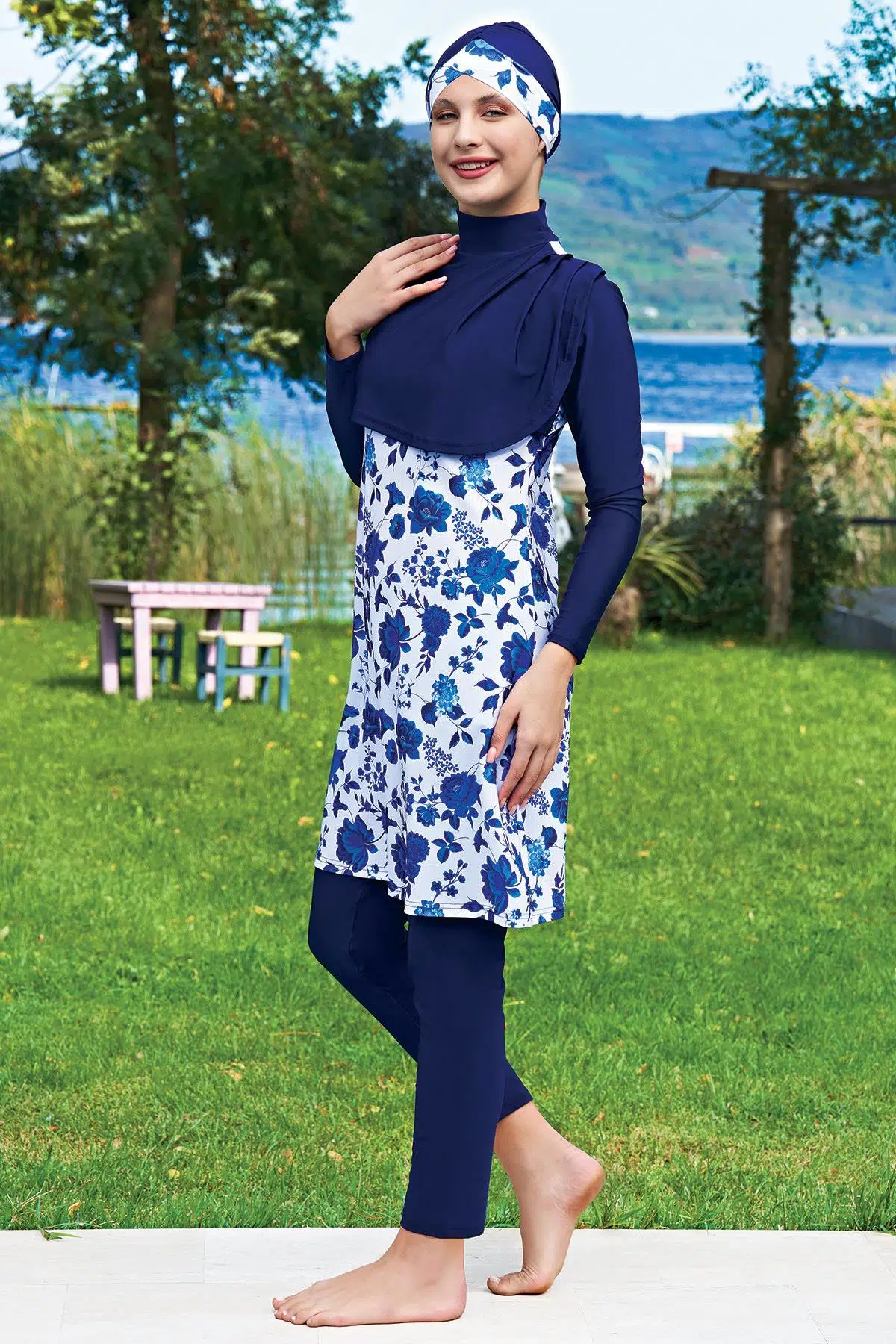 Ruko Maio 2401-1 Lacivert Cepken Model Likralı Su İtici ve Çabuk Kuruyan Kumaş Tesettür Mayo - DESENLİ