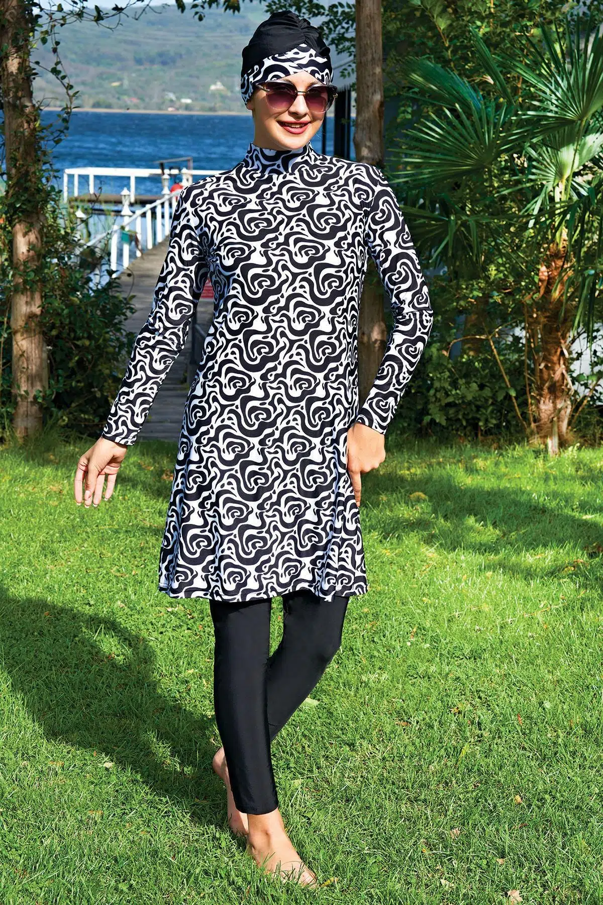 Ruko Maio 2408-6 Desenli Likralı Su İtici Ve Çabuk Kuruyan Kumaş Tesettür Mayo - DESENLİ