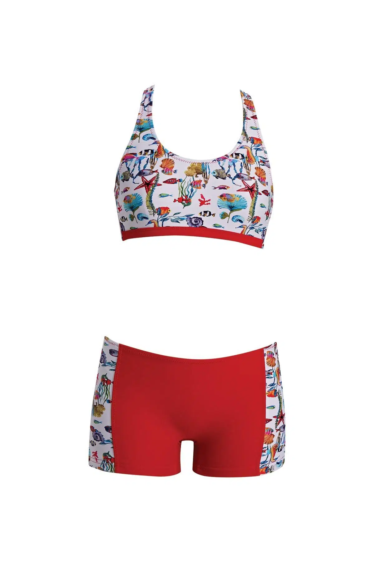 Ruko Maio 24158-2 Kız Çocuk Desenli Freeset Şortlu Bikini Takım - KIRMIZI