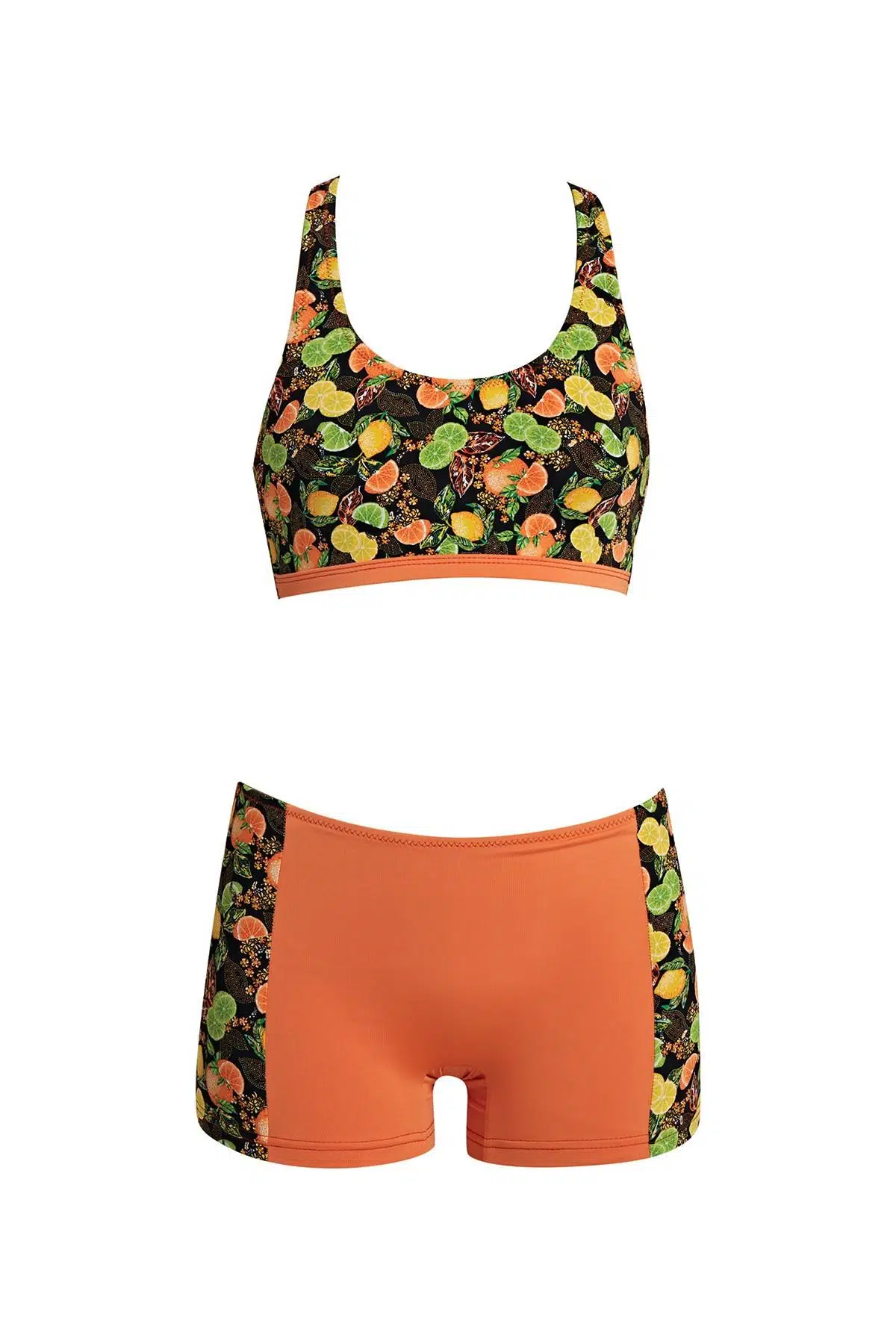 Ruko Maio 24158-3 Kız Çocuk Desenli Freeset Şortlu Bikini - TURUNCU