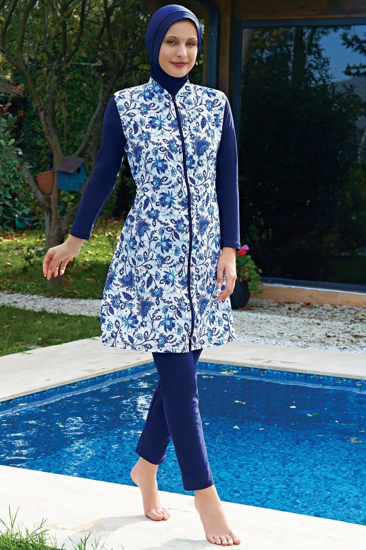 Ruko Maio 2421-2 Desenli Fermuarlı Likralı Paraşüt Su İtici Ve Çabuk Kuruyan Kumaş Tesettür Mayo - LACİVERT