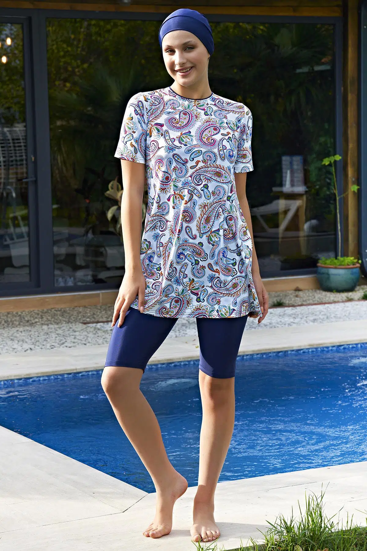 Ruko Maio 2424-3 Yarım Kol Likralı Su İtici ve Çabuk Kuruyan Kumaş Yarı Tesettür Mayo - DESENLİ