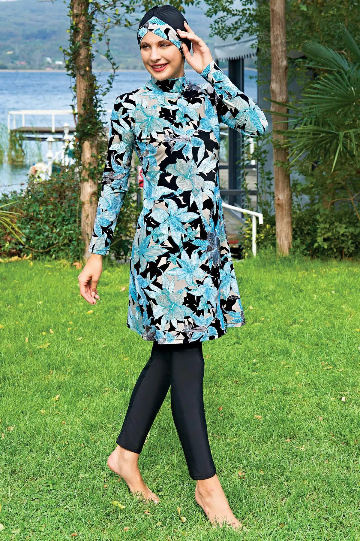 Ruko Maio 2431-6 Büyük Beden Desenli Likralı Su İtici ve Çabuk Kuruyan Kumaş Tam Tesettür Mayo - DESENLİ