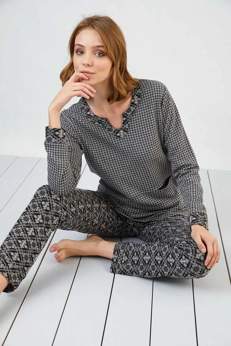 Sevim 13174 Kadın V Yaka Cepli Jakar Pijama Takım - DESENLİ