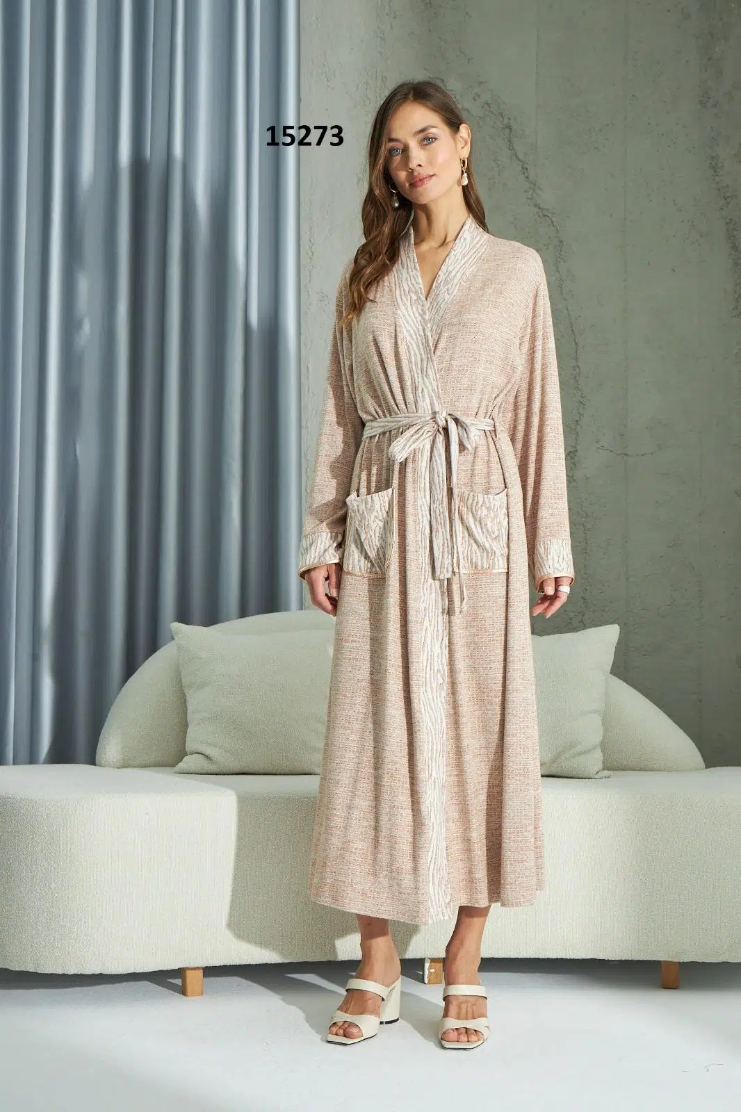 Sevim 15273 Kadın Cepli Uzun Sabahlık - DESENLİ