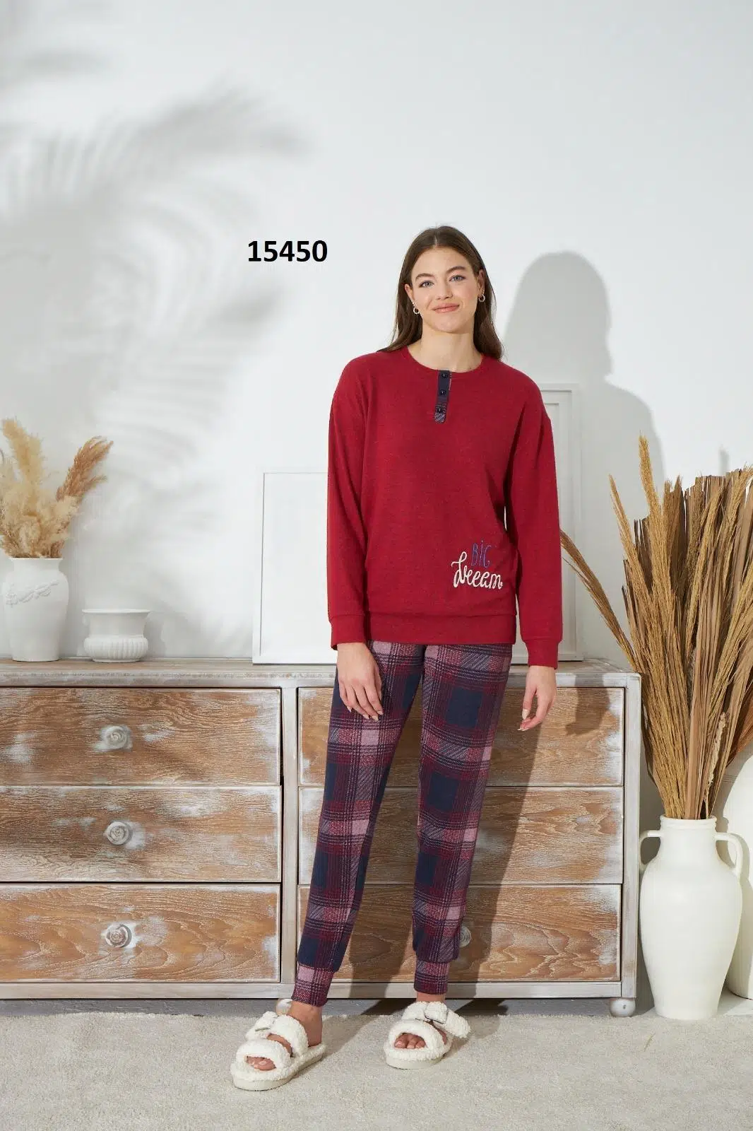 Sevim 15450 Kadın Nakışlı Uzun Kol Pijama Takım - KIRMIZI