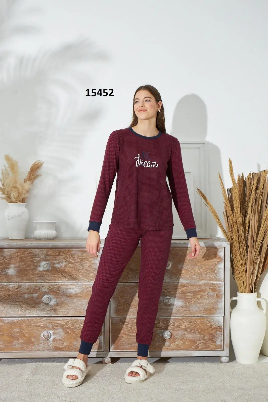 Sevim 15452 Kadın İnce Örgü Uzun Kol Pijama Takım - KIRMIZI