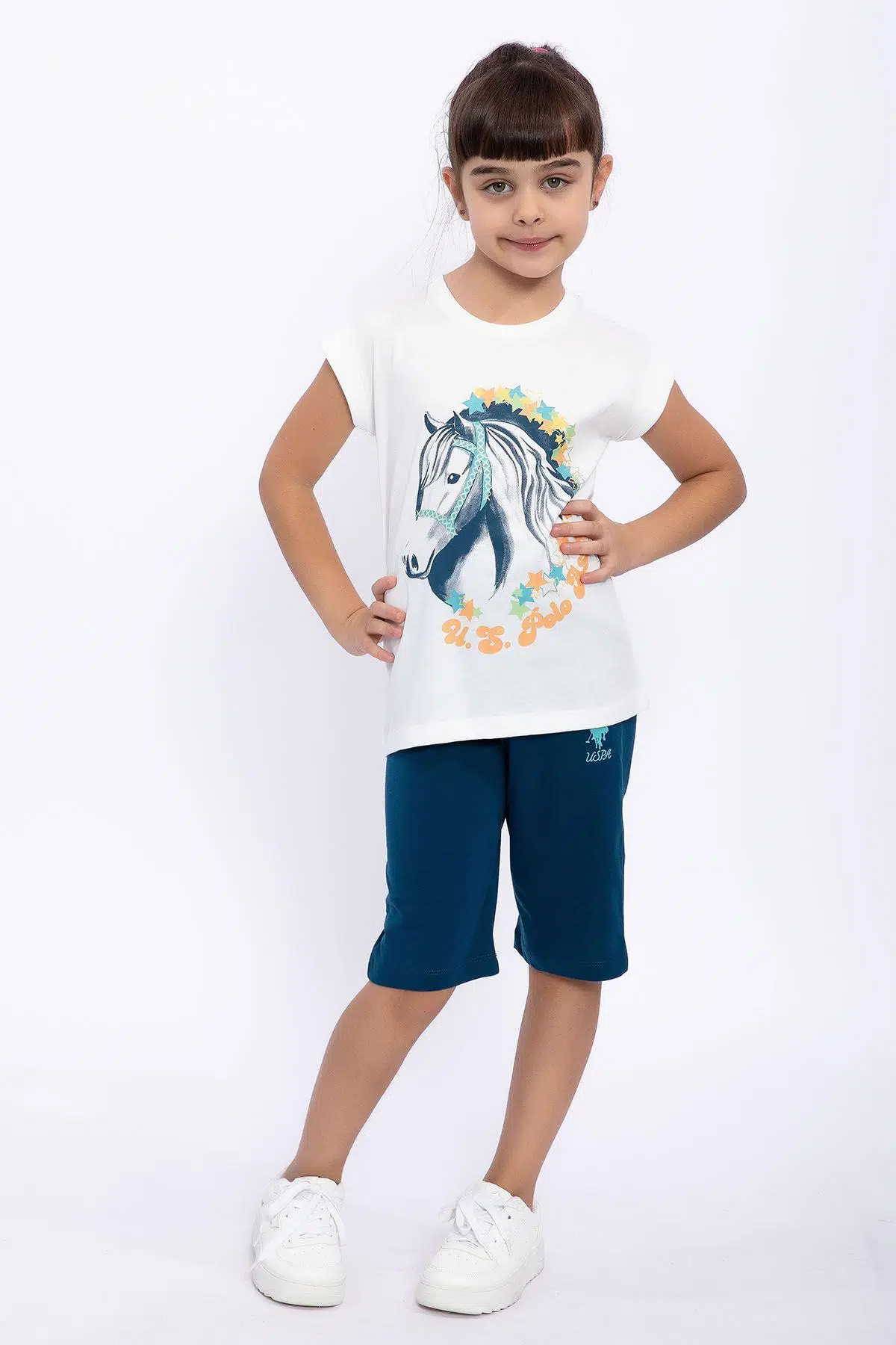 U.S. Polo Assn 1049 Garson Stars Kız Çocuk Kapri Takım - KREM