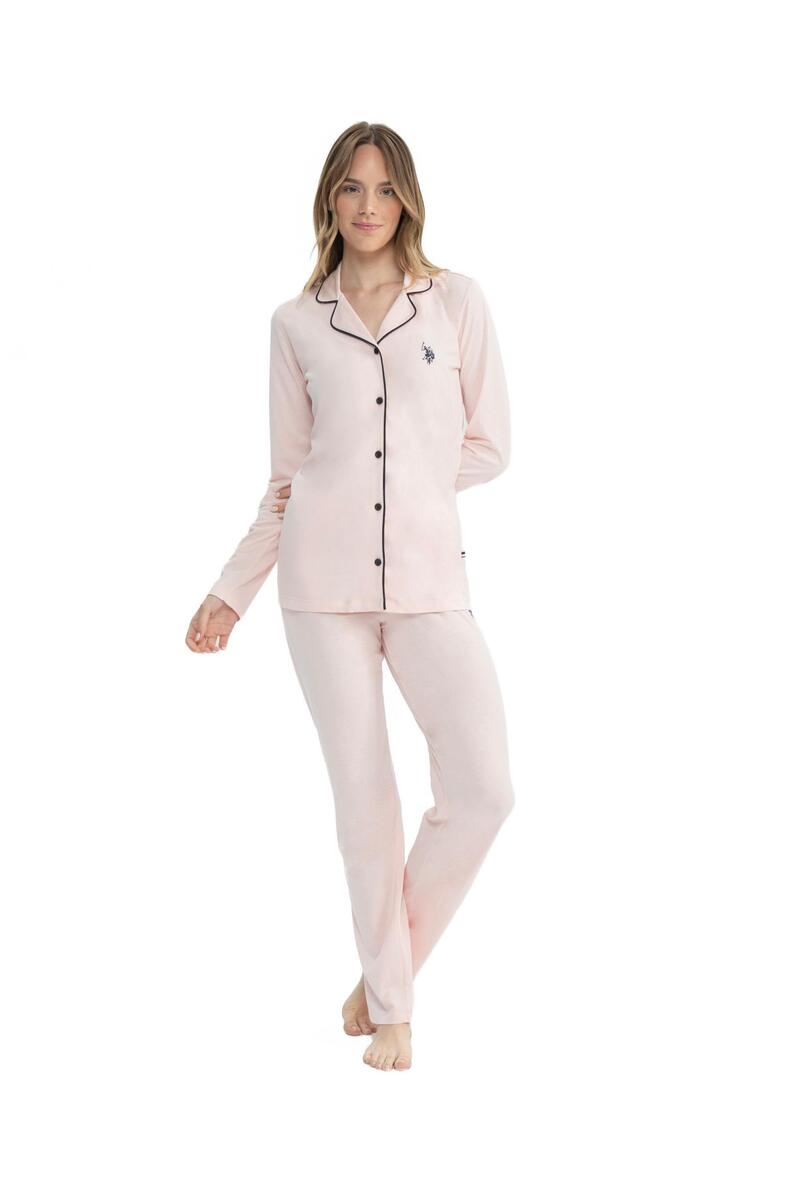 U.S. Polo Assn. Kadın Patlı Yaka Boydan Düğmeli Modal Pamuk Uzun Kol Pijama Takım - PEMBE