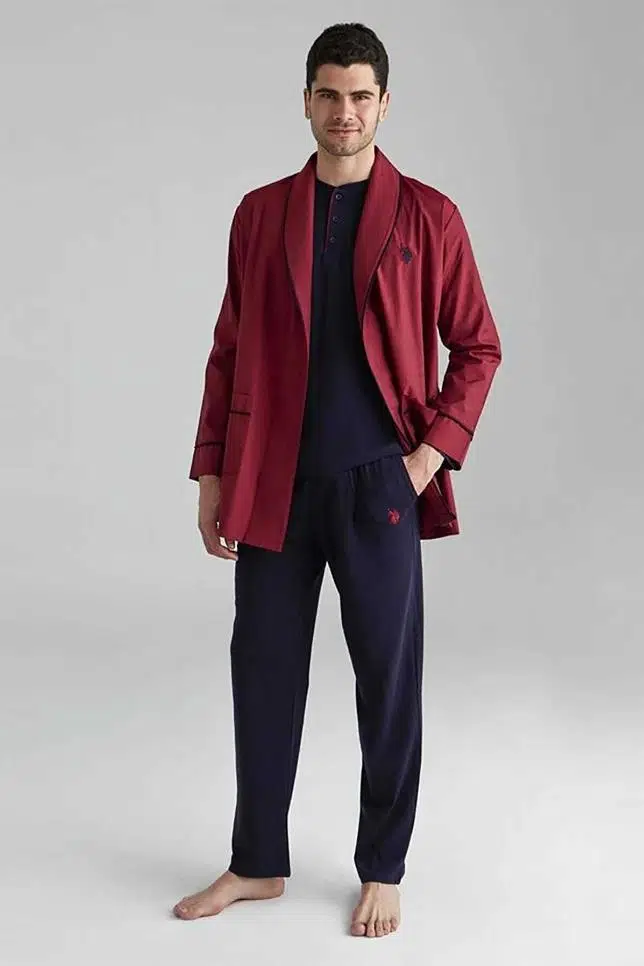 U.S Polo Assn 12000 Erkek Uzun Kollu Kısa Kollu Şortlu Takım Sabahlık 3'Lü - BORDO