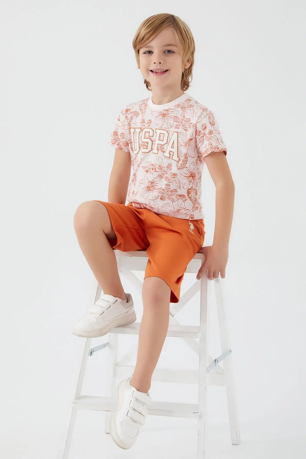 U.S. Polo Assn 1356 Garson Flowered Details Erkek Çocuk Bermuda Takım - VANİLYA