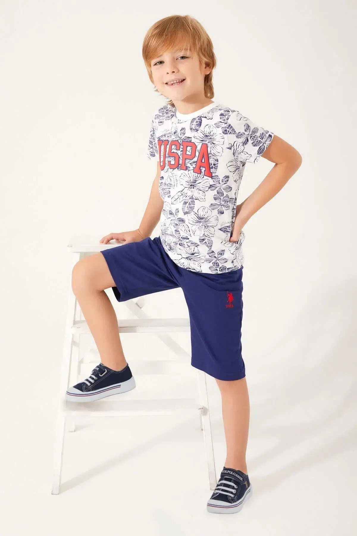 U.S. Polo Assn 1356 Garson Flowered Details Erkek Çocuk Bermuda Takım - KREM