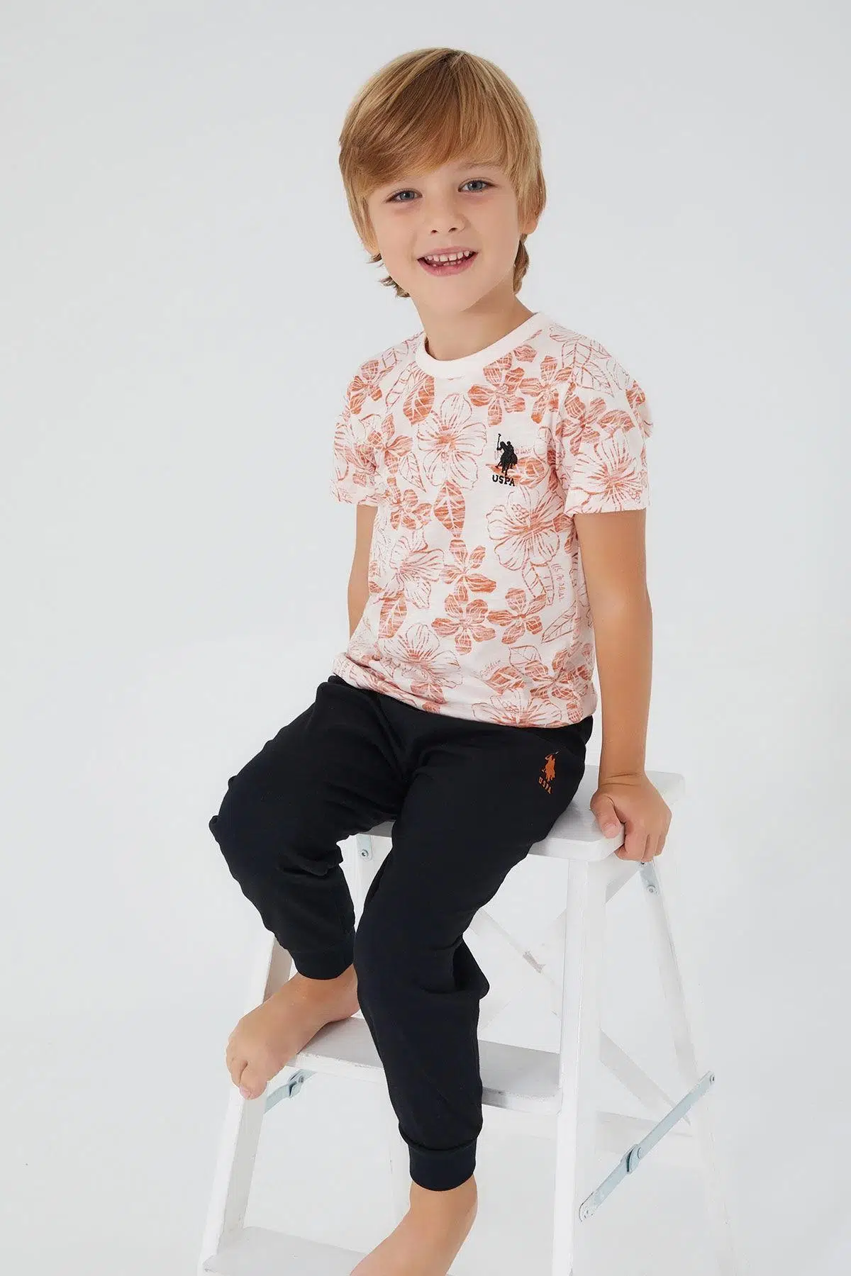 U.S. Polo Assn. 1358 Garson Flowered Erkek Çocuk Kısa Kol Pijama Takım - KREM