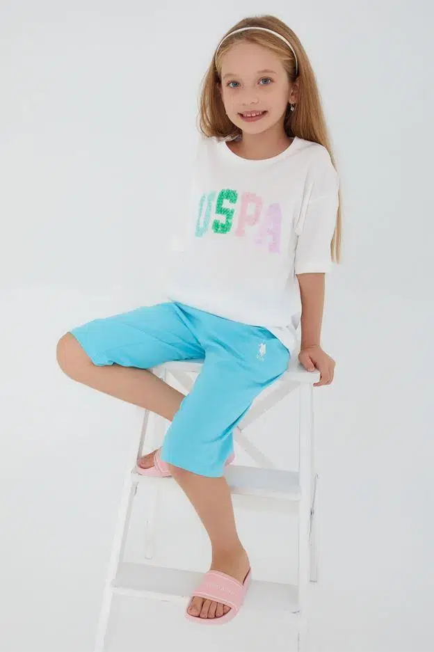 U.S. Polo Assn. 1401 Kız Çocuk Yarım Kollu Kapri Pijama Takım - KREM