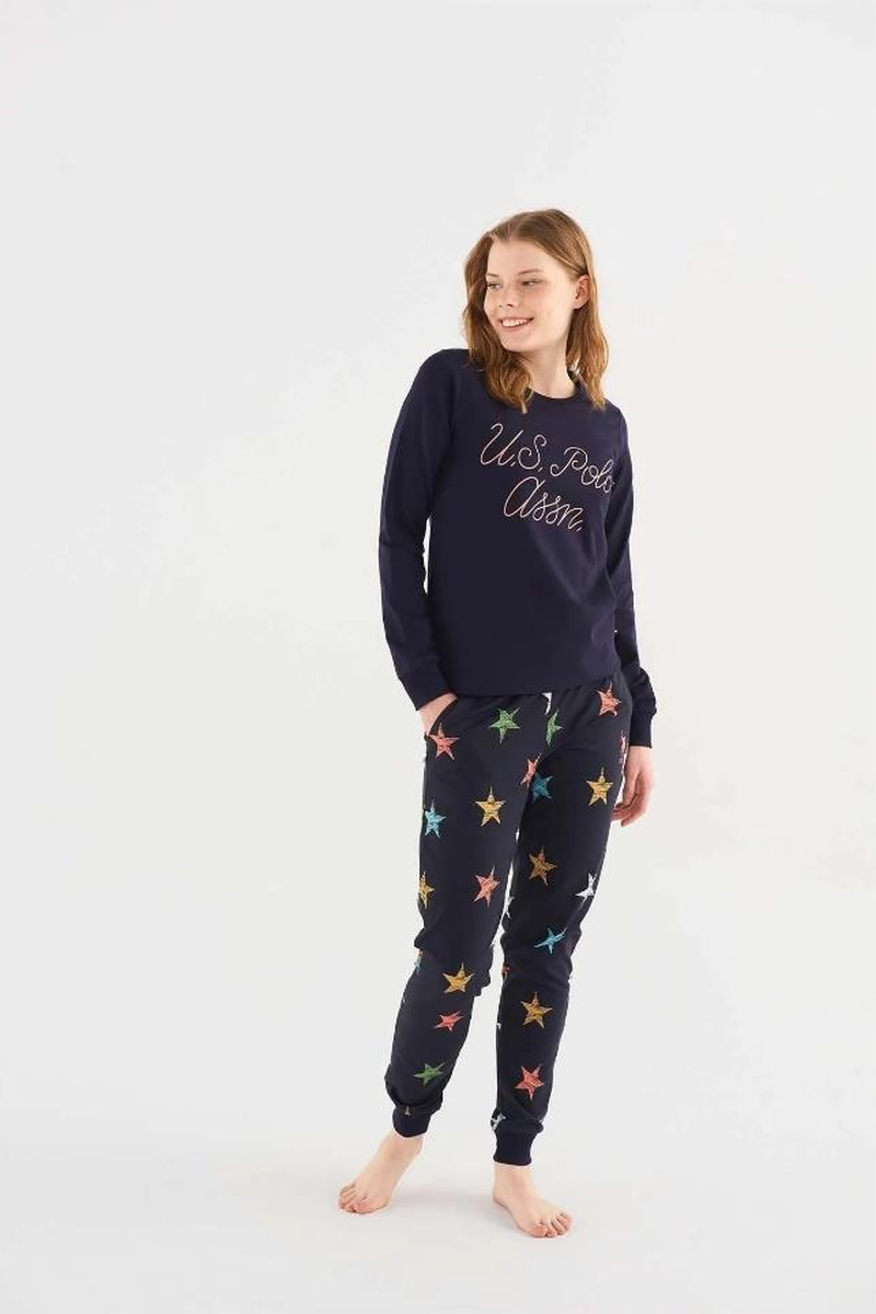U.s Polo Assn 16821 Kadın Somon Yuvarlak Yaka Pijama Takım - LACİVERT