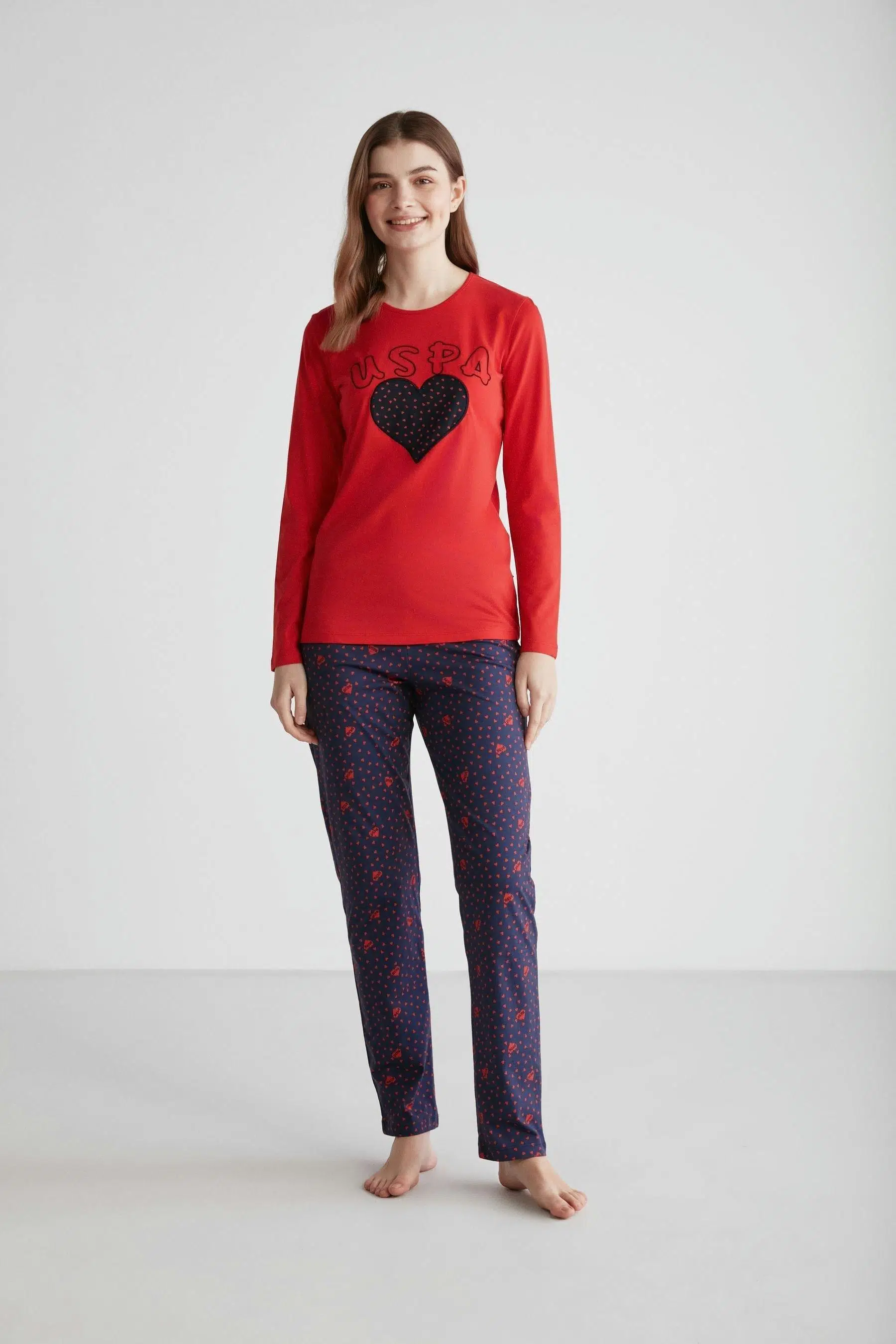 U.S. Polo Assn. 16967 Kadın Yuvarlak Yaka Pijama Takımı - KIRMIZI