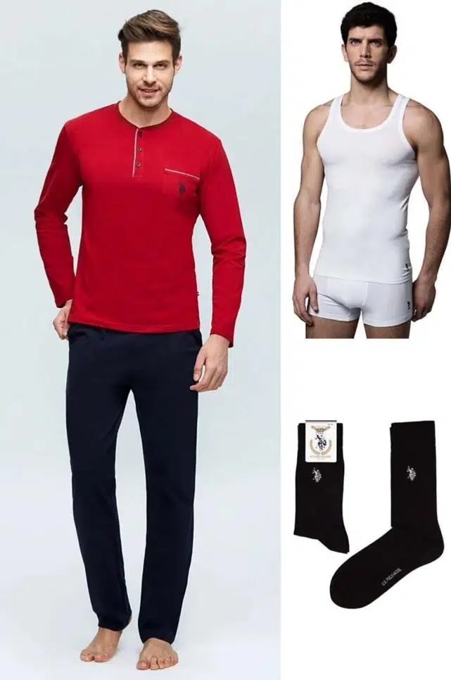 U.S Polo Assn 17394 Damat Pijama Çamaşır 4 Lü Set Çeyiz Takım - BORDO