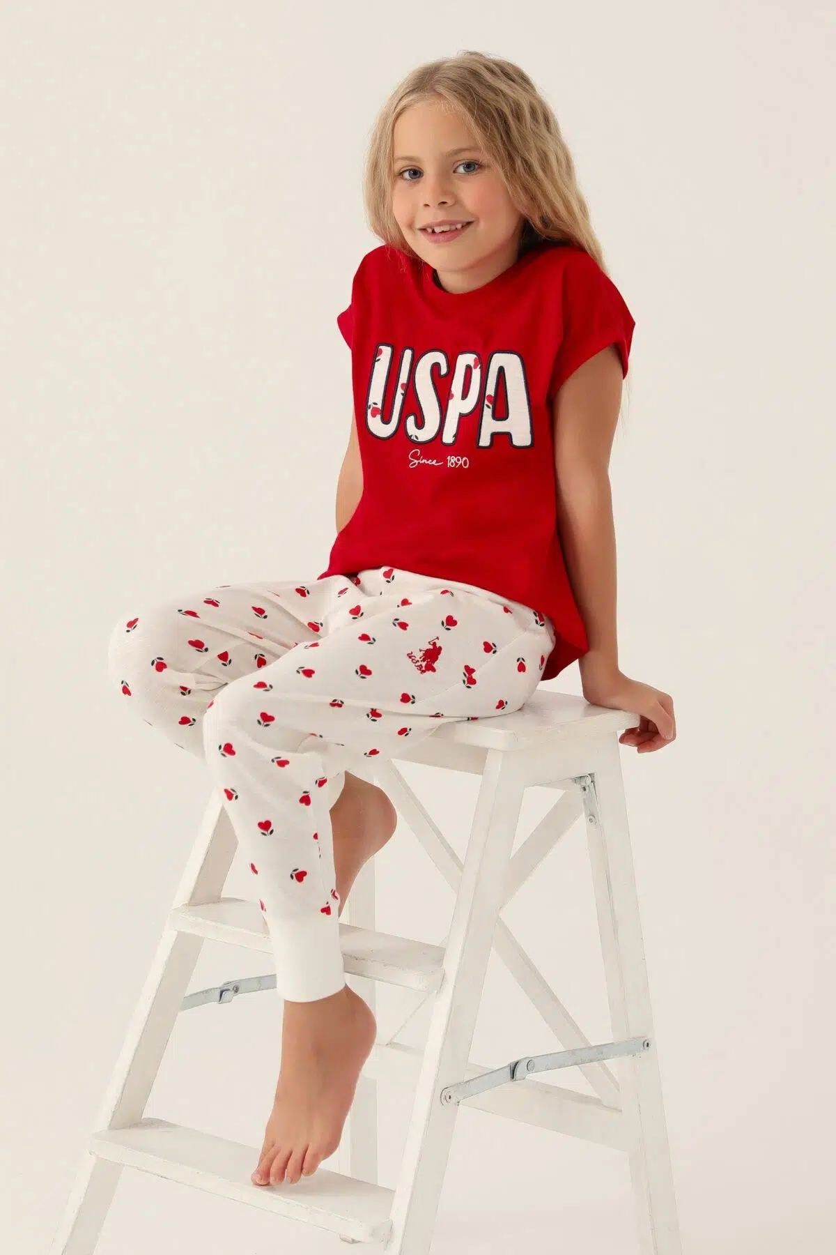 U.S. Polo Assn. 1834 Garson Lisanslı Text Printed Kız Çocuk Pijama Takımı - KIRMIZI