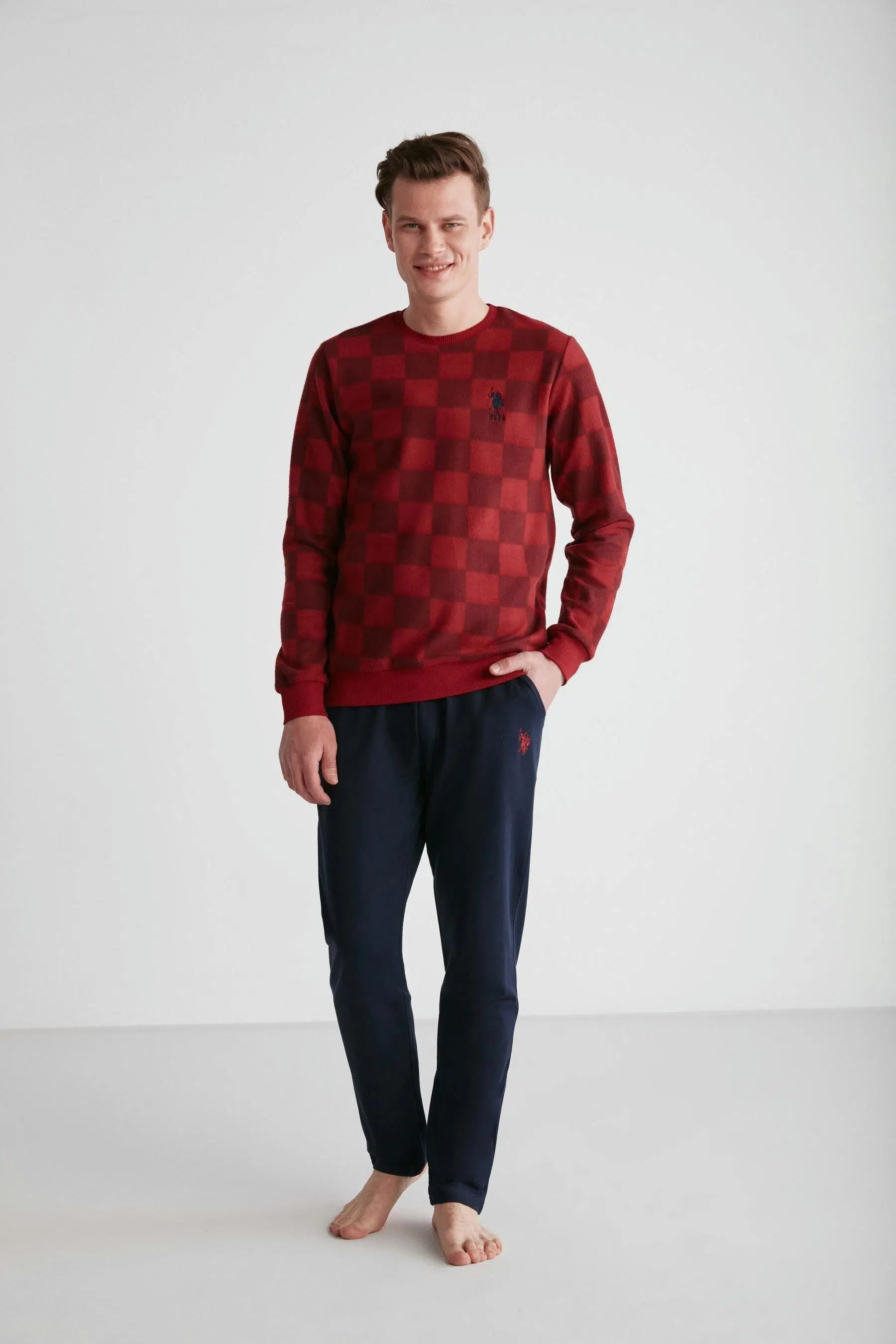 U.S Polo Assn 18713 Erkek Bordo Yuvarlak Yaka Pijama Takımı - BORDO