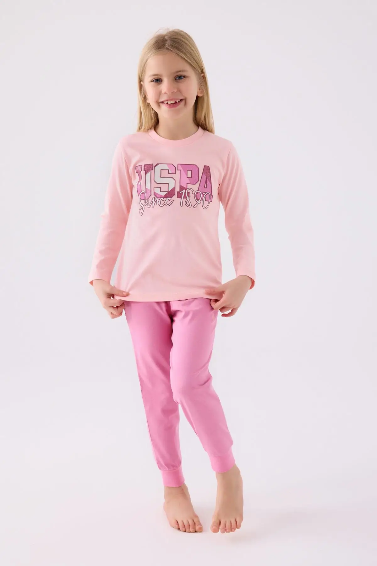 U.S. Polo Assn. Kız Çocuk Pembe Uzun Kol Pijama Takım