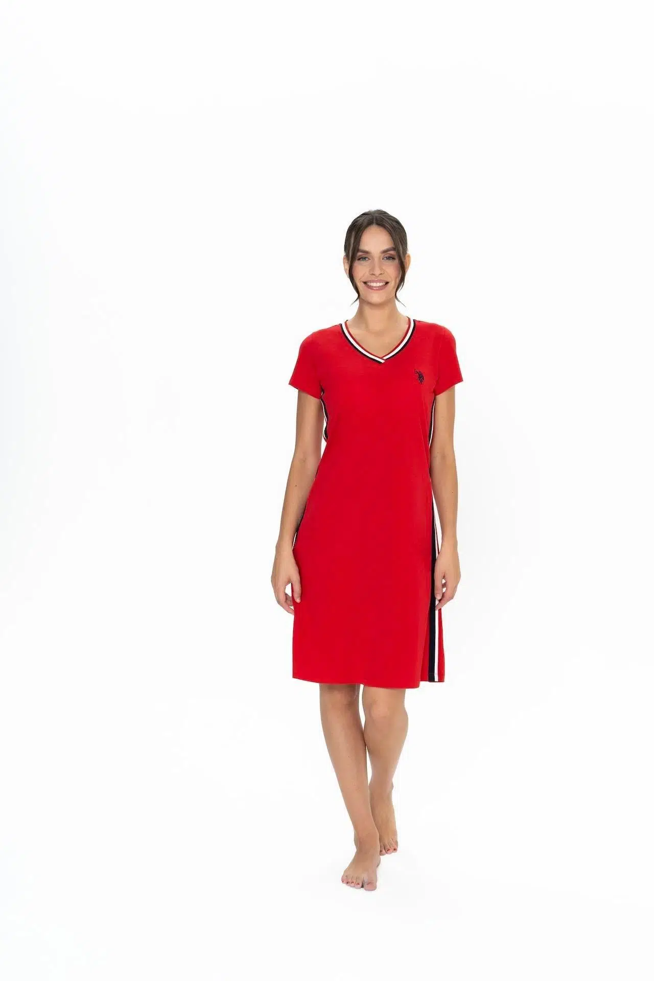 U.S. Polo Assn. 20007 Kadın V Yaka Kısa Kollu Günlük Gecelik - KIRMIZI
