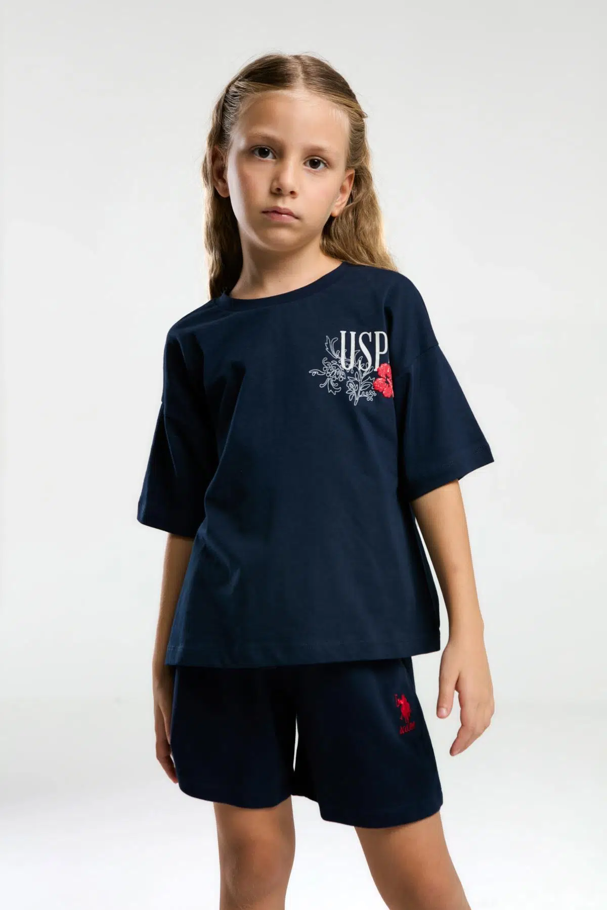 U.S. Polo Assn. 2072 Garson Çiçek Desenli Kız Çocuk Lacivert Bisiklet Yaka Kısa Kollu Şort Pijama Takım - LACİVERT